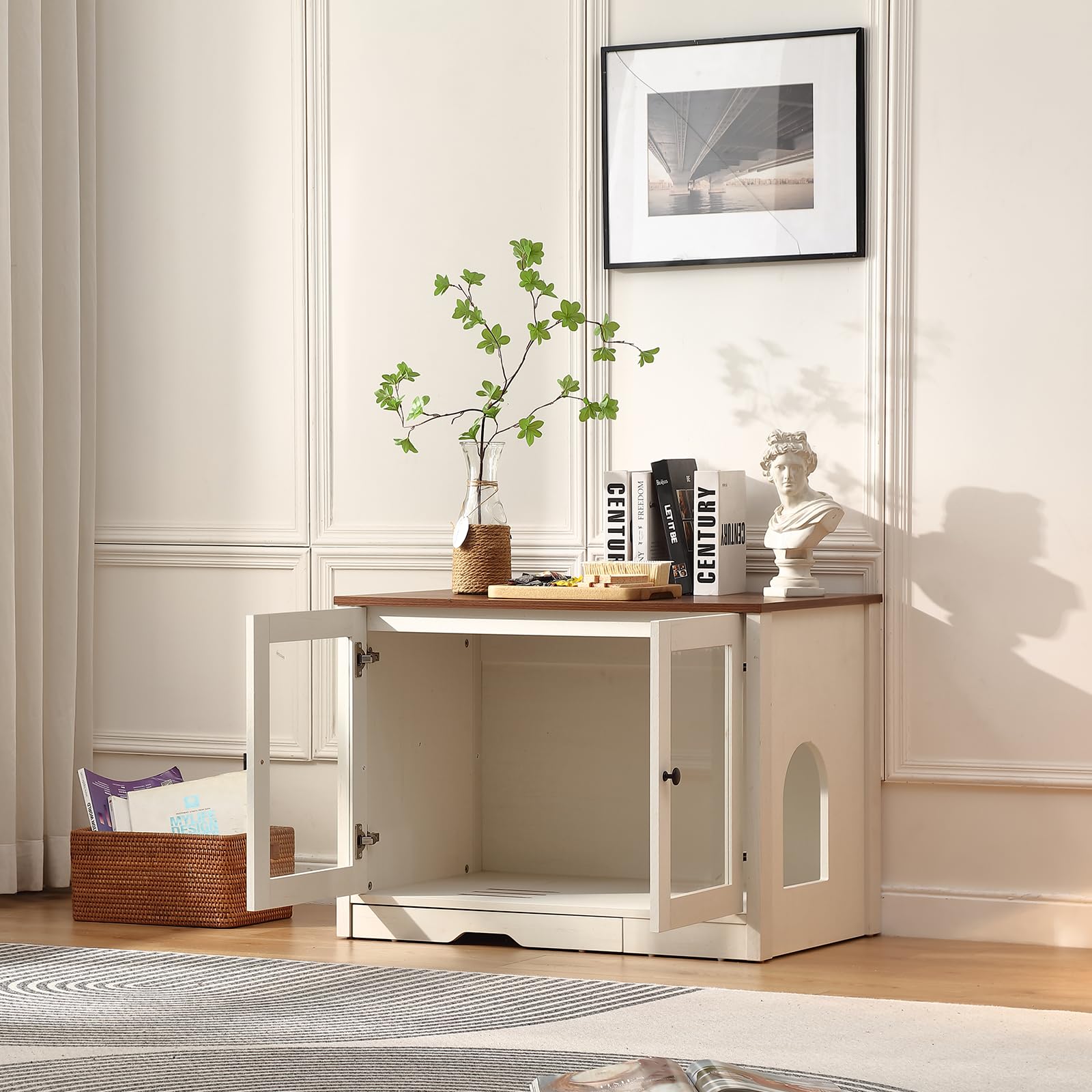 FOREST GRAVITY Mueble Arenero para Gato Pequeño Mueble Arenero para Gato Moderno 82 * 58.5 * 53 cm Casa para con Puerta y Tabique Separador Blanco Antiguo