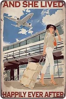 Funny Metal Sign Girl Lived Happily at The Airport Flight Tour Travelling Retro Decor Art Sign Home Kitchen Bar Cafe Club Cave Wall Decor Girl Aluminum Sign 12x16 inch