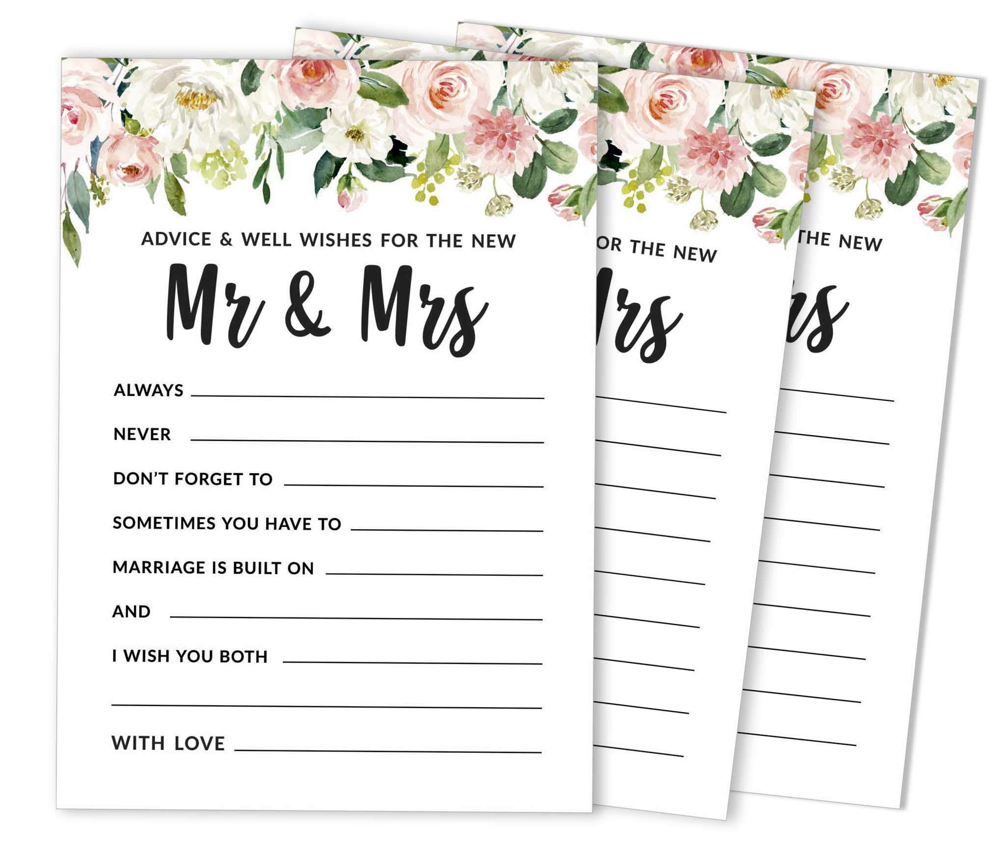 Inkdotpot Pack of 50 Floral Advice Cards, Wishes for The Bride and Groom, Mr and Mrs Wedding Guest Game Activity 5x7 inches