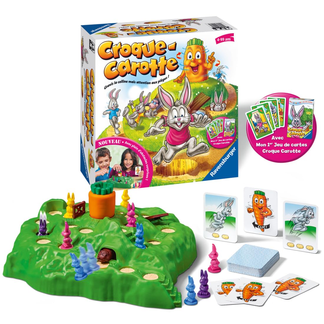 Ravensburger - Croque Carotte - Jeu de société - Enfants et Parents - Jeu de Parcours Rigolo - Inclus Jeu de Cartes Exclusif - De 2 à 4 Joueurs à partir de 4 Ans - Mixte - 20948 - Version française