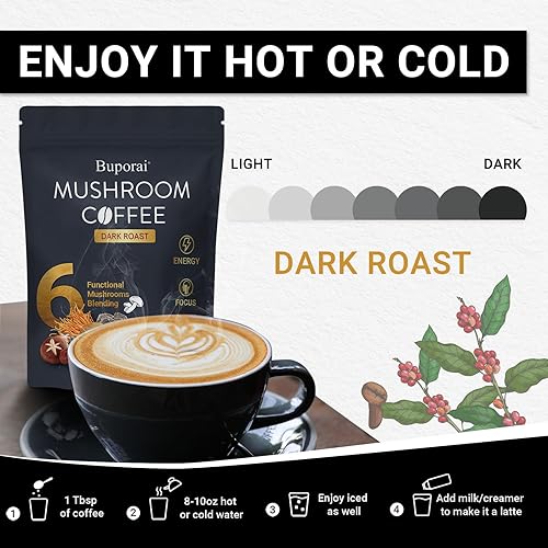 Miniatura 6 de Café de hongos tostado oscuro, café instantáneo de hongos con 6 hongos melena de león, cordyceps, cola de pavo y otros para energía, concentración,