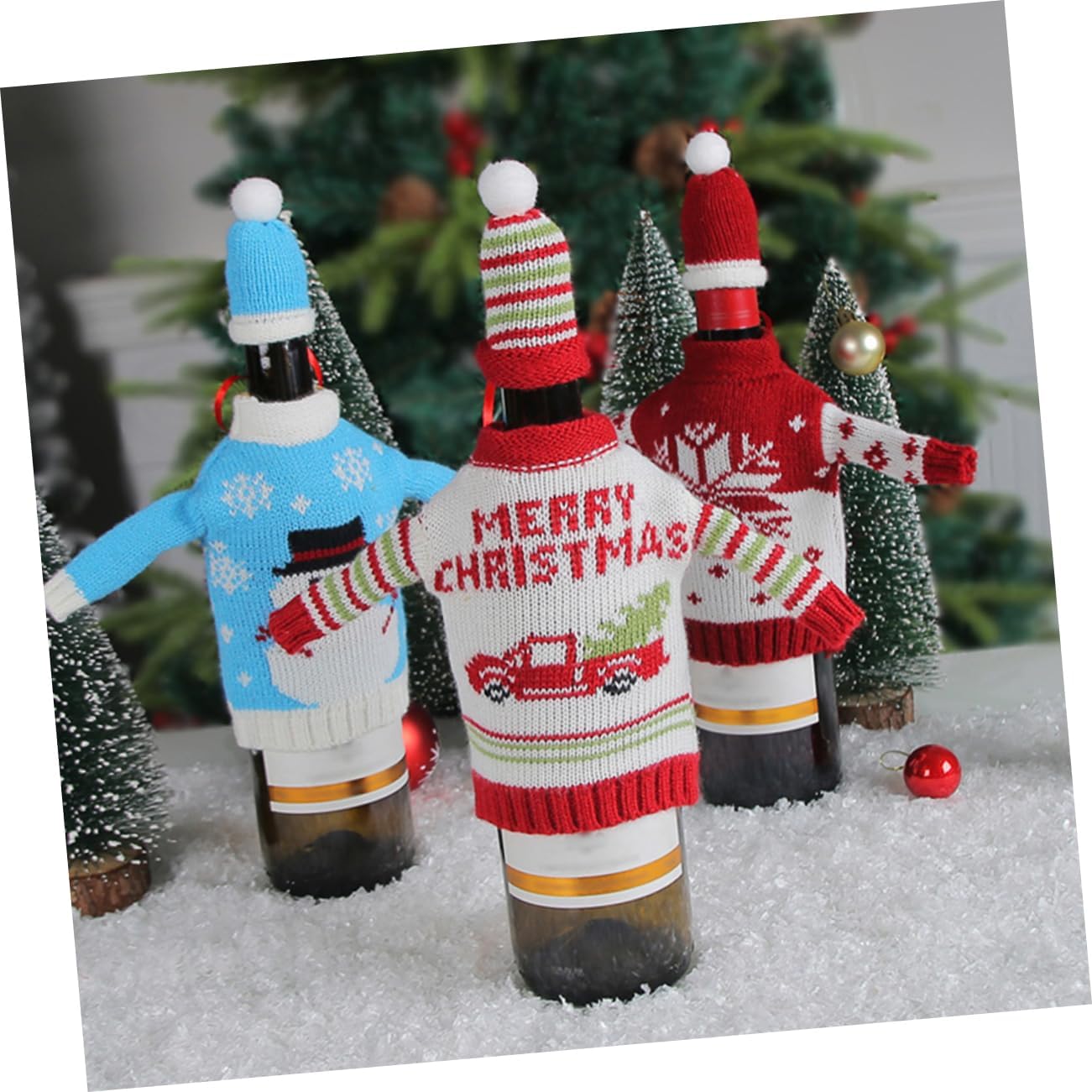 Wine Bottle Covers 2 Sets Knitted Fabric Red Festive Table Decor