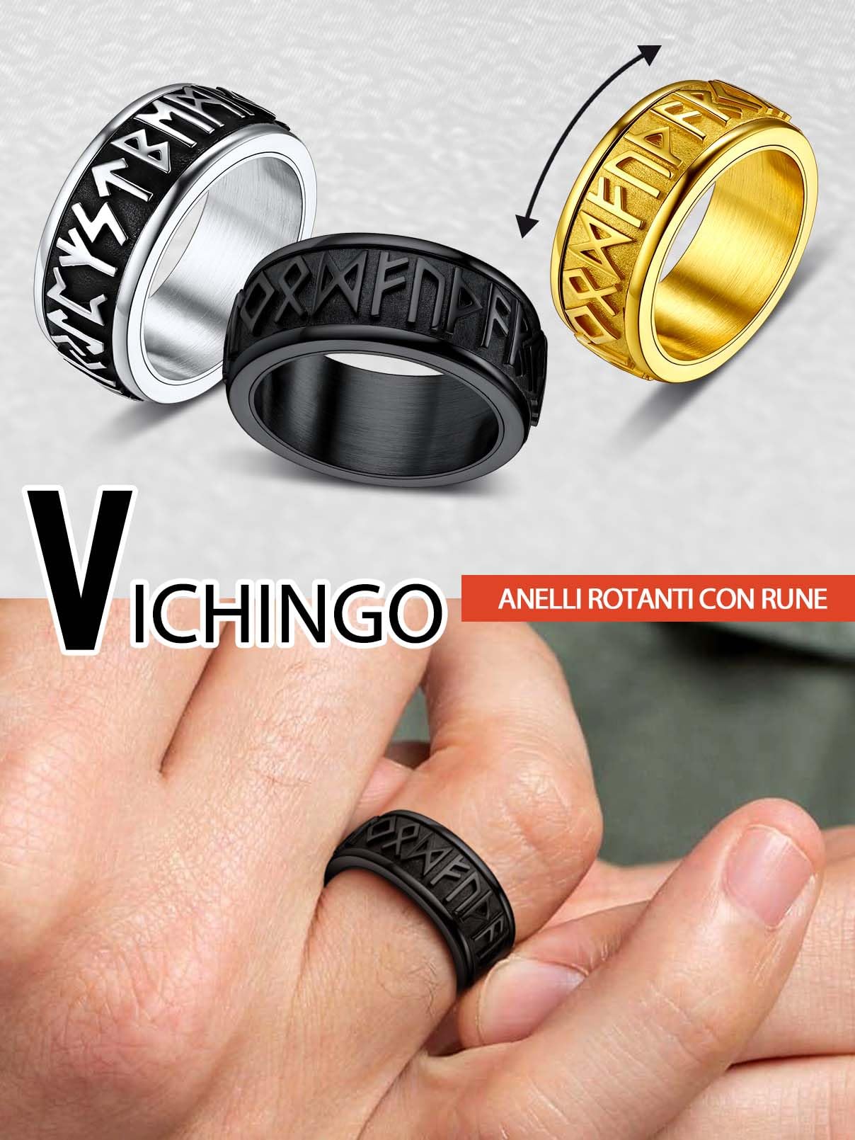 FaithHeart Rune Anello Vichingo Uomo Acciaio Anti-stress Spinner Punk Hiphop Anello Nome Personalizzato Taglia IT 14-32 con Confezione Regalo Compleanno