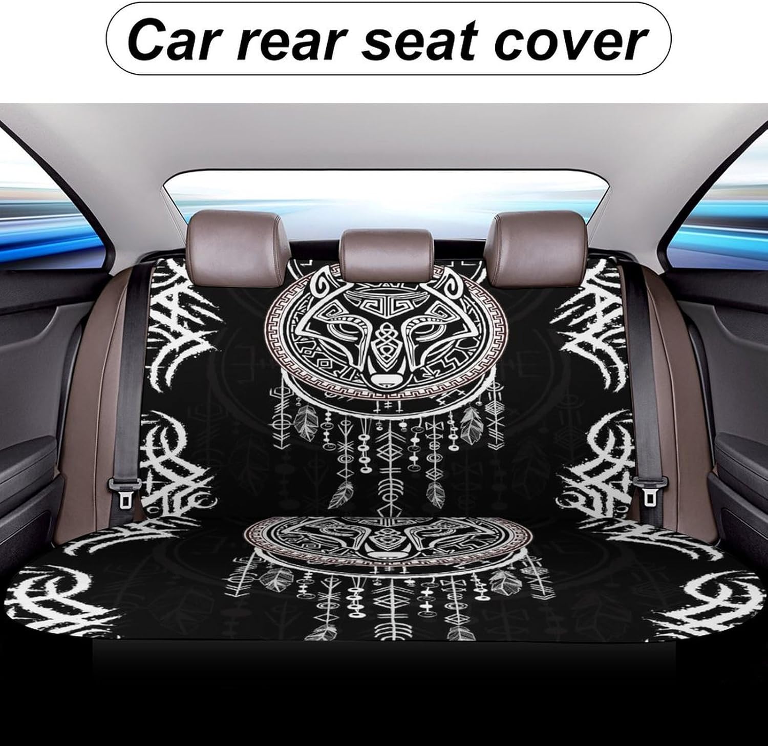 Abstract Vikings Car Rear Seat Covers Car Waterproof Interior for Car Trucks SUV Vintage Mid Century Mystical Symbol Wolf Design Car Back Seat Covers Universal Car Rear Seat Covers