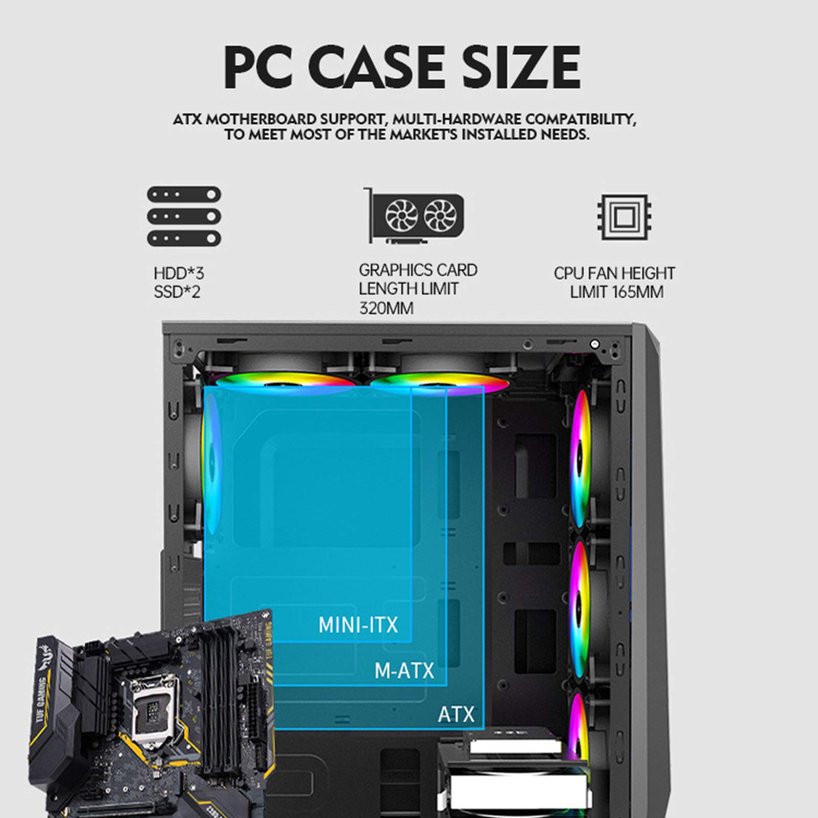 Caso Computer Case ATX Mid Tower PC Gaming - Porta USB Anteriore - Quick-Release Vetro temperato Pannello Laterale - Sistema di Gestione dei Cavi - Water-Cooling Ready - Nero/Bianco,Nero