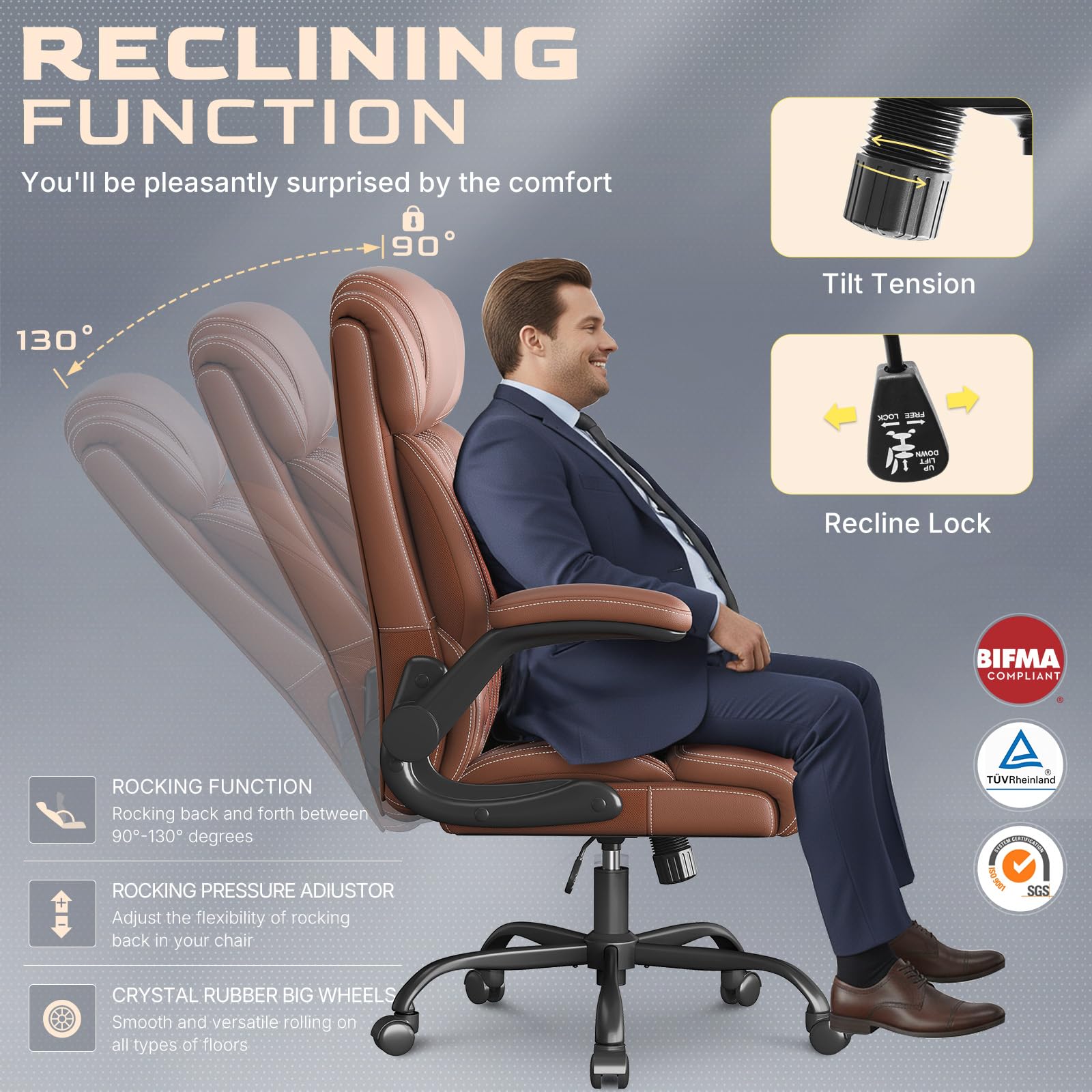 Office Chair Ergonomic Big and Tall Executive Desk Chair Breathable Leather Chair with Adjustable Flip-up Armrests Lumbar Support — view 5