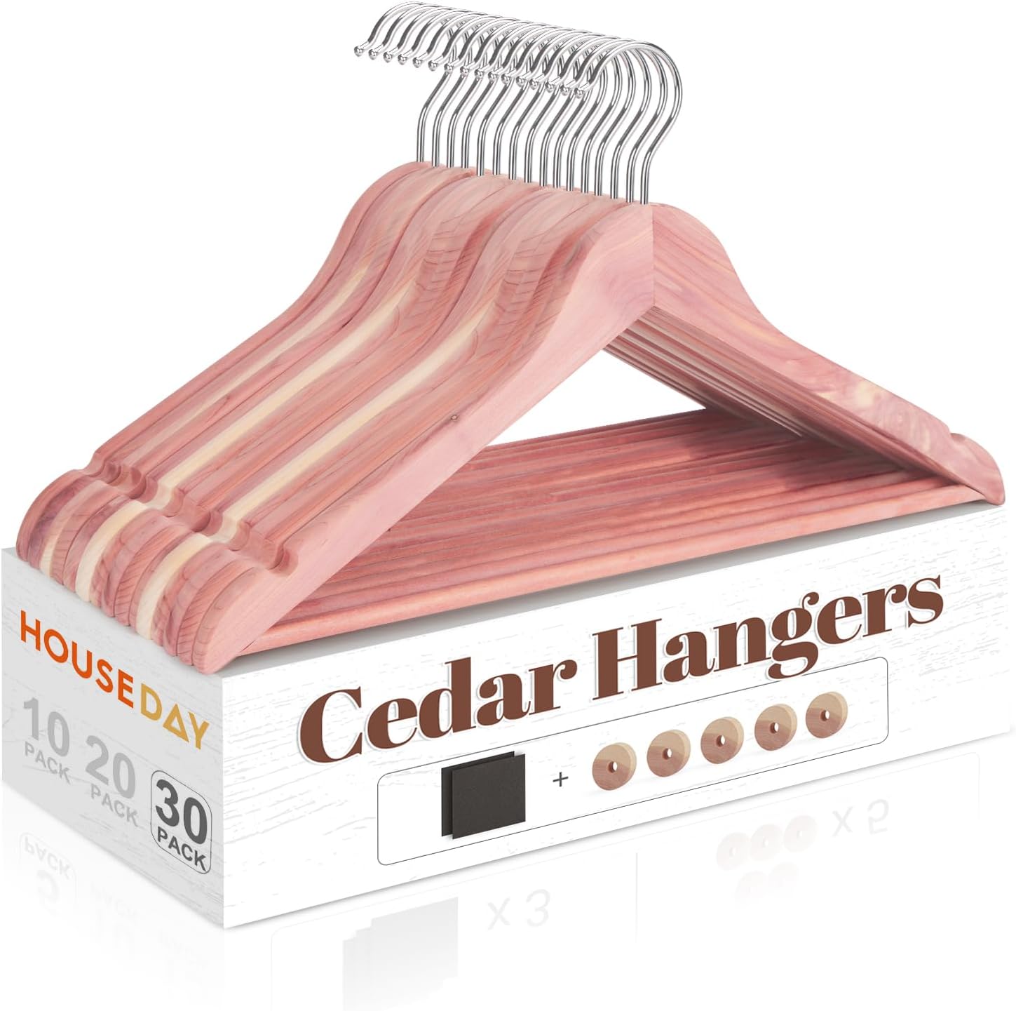 HOUSE DAY Cedar Hangers for Closet 30 Pack, Smooth Cedar Wood Hangers with Rings, 360° Swivel Hook, U-Shape Notched, Non Slip Pant Bar, Sturdy Wooden Clothes Hanger for Coats, Dresses, Suits