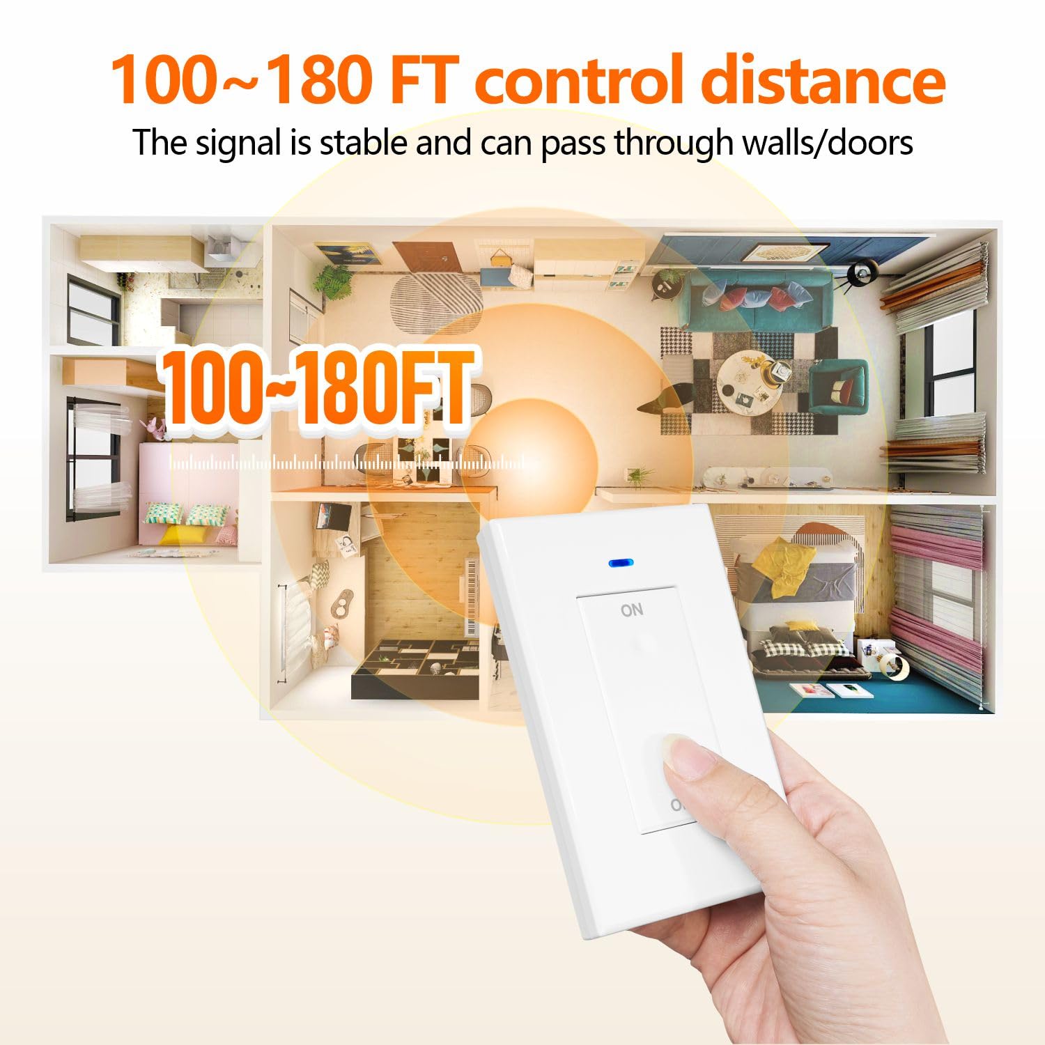 An illustration showing a wireless switch controlling devices across multiple rooms and floors in a house, indicating a control distance of 100-180 feet.