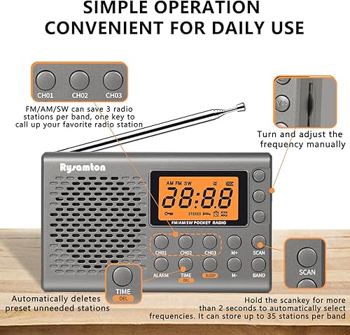 Miniatura 7 de Radio portátil AMFMonda corta, radios de bolsillo con pilas, pantalla digital grande, radio reloj con alarma y función de sueño, auriculares