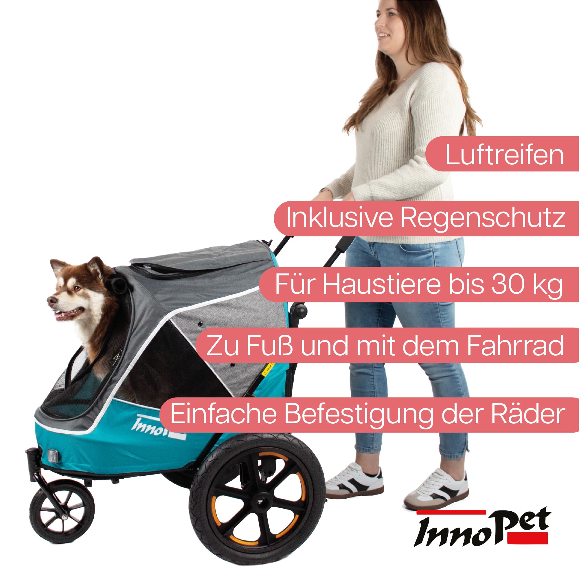 Hundebuggy & Hundeanhänger für Fahrrad - Innopet Sporty Evolution Ozeanblau - Blau/Grau, mit Regenschutz - mit Regenschutz, Deichsel & Fahrradkit, Faltbarer Hundewagen