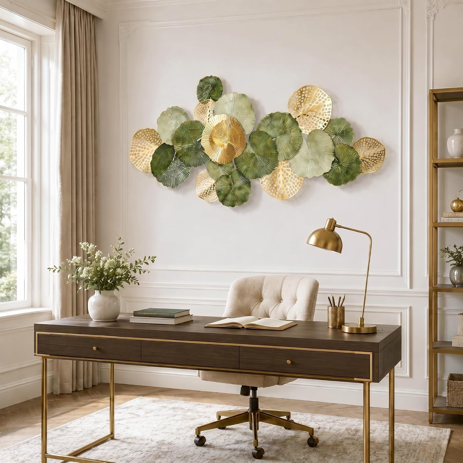 Genérico Gran Decoración Pared de Metal,Hojas de Loto 3D para Salón | 130×64cm,Acabada a Mano,Con Montaje Horizontal O Vertical,Para Dormitorio,Comedor,Despacho,Pasillo Y Hotel