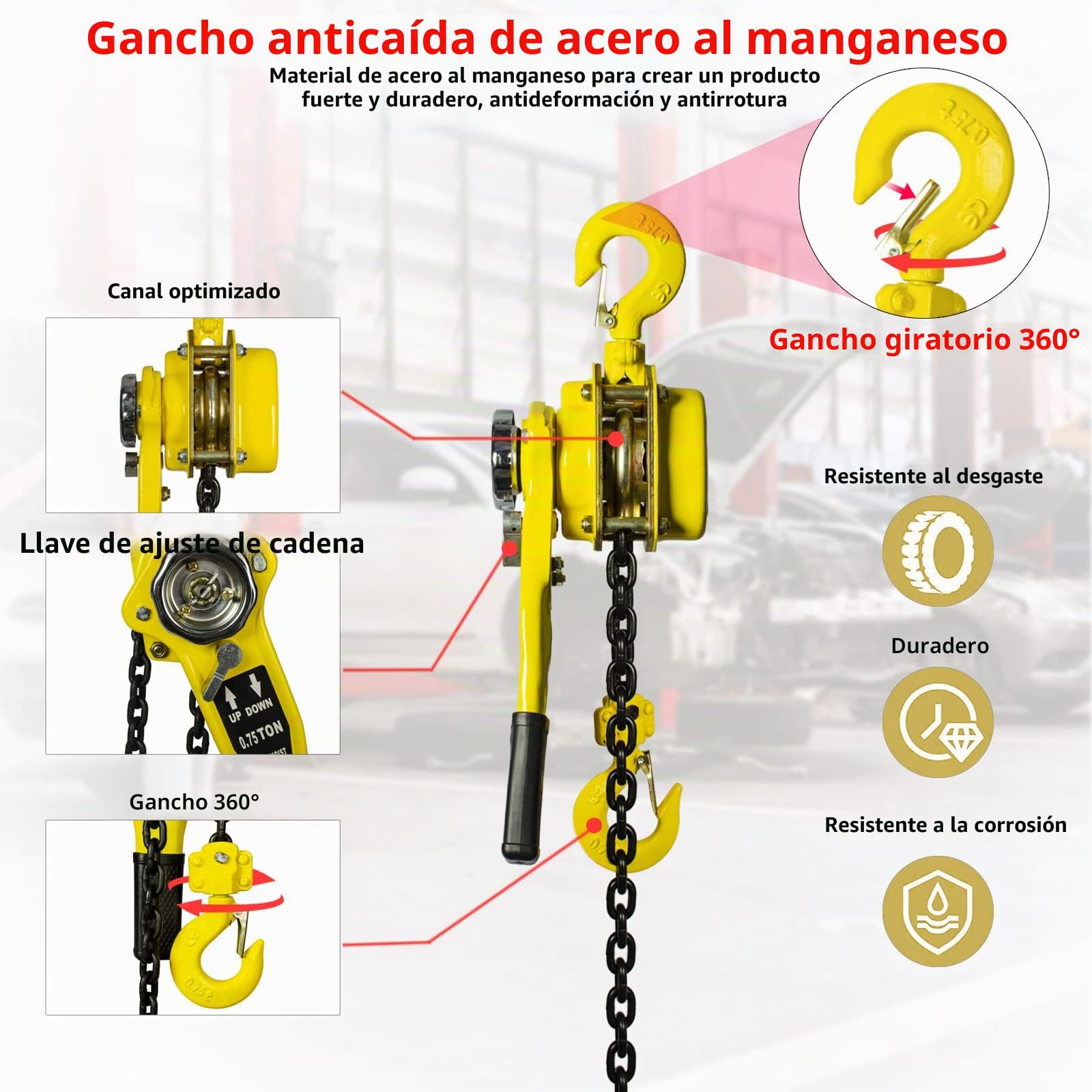 OUUTMEE Polipasto de cadena manual de cadena de bloqueo 0,75T polipasto de cadena con rodillo de tracción para garajes de almacén