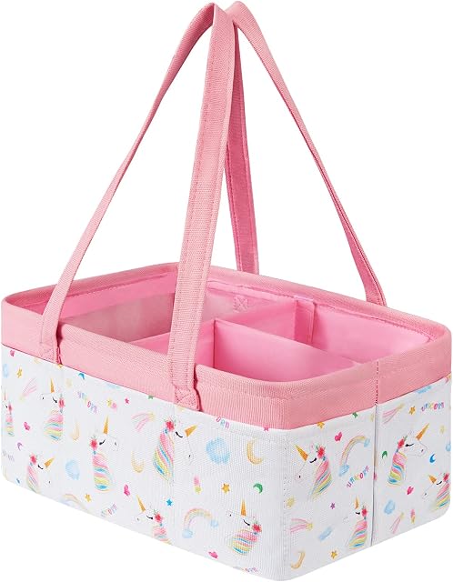 WERNNSAI Unicorn Diaper Caddy - Collapsible Nursery Organizer for Girl Infant Baby Shower Gifts Large Pink Storage Basket for Changing Table Car Travel Living Room Newborn Essentials Must Have Dots