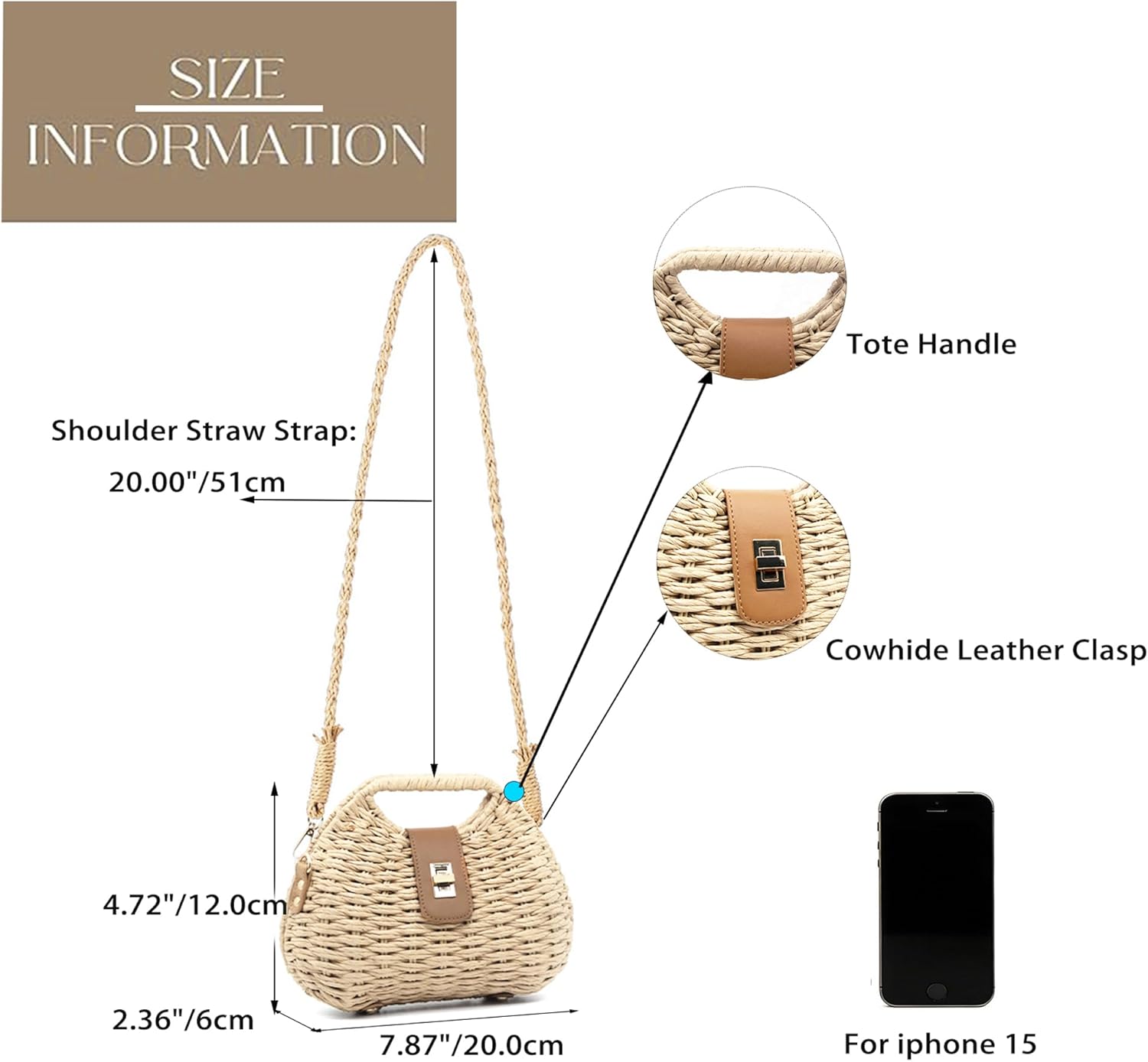 Fozehlad Straw Bag for Women, Woven Beach Tote,Summer Crossbody Shoulder Clutch Purse, Lightweight Handmade Design
