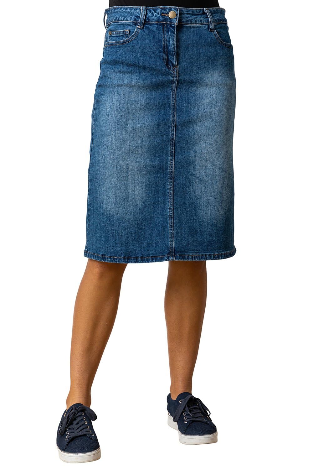 Roman Originals Women's Denim Skirt With Pockets For Uk - Jean Skirts Cotton Stretch Mid Wash Fitted A Line Casual Smart Work Office Knee Length Flattering Slimming - Size 14