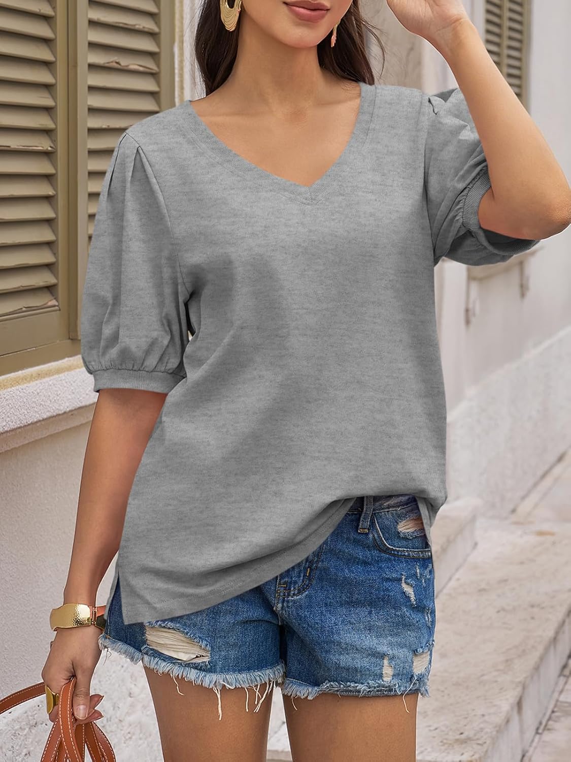 Tankaneo Womens Short Puff Sleeve T-Shirts V Neck Summer Casual Tops Loose Fit Cotton Blouse Tees Shirts - Image 2