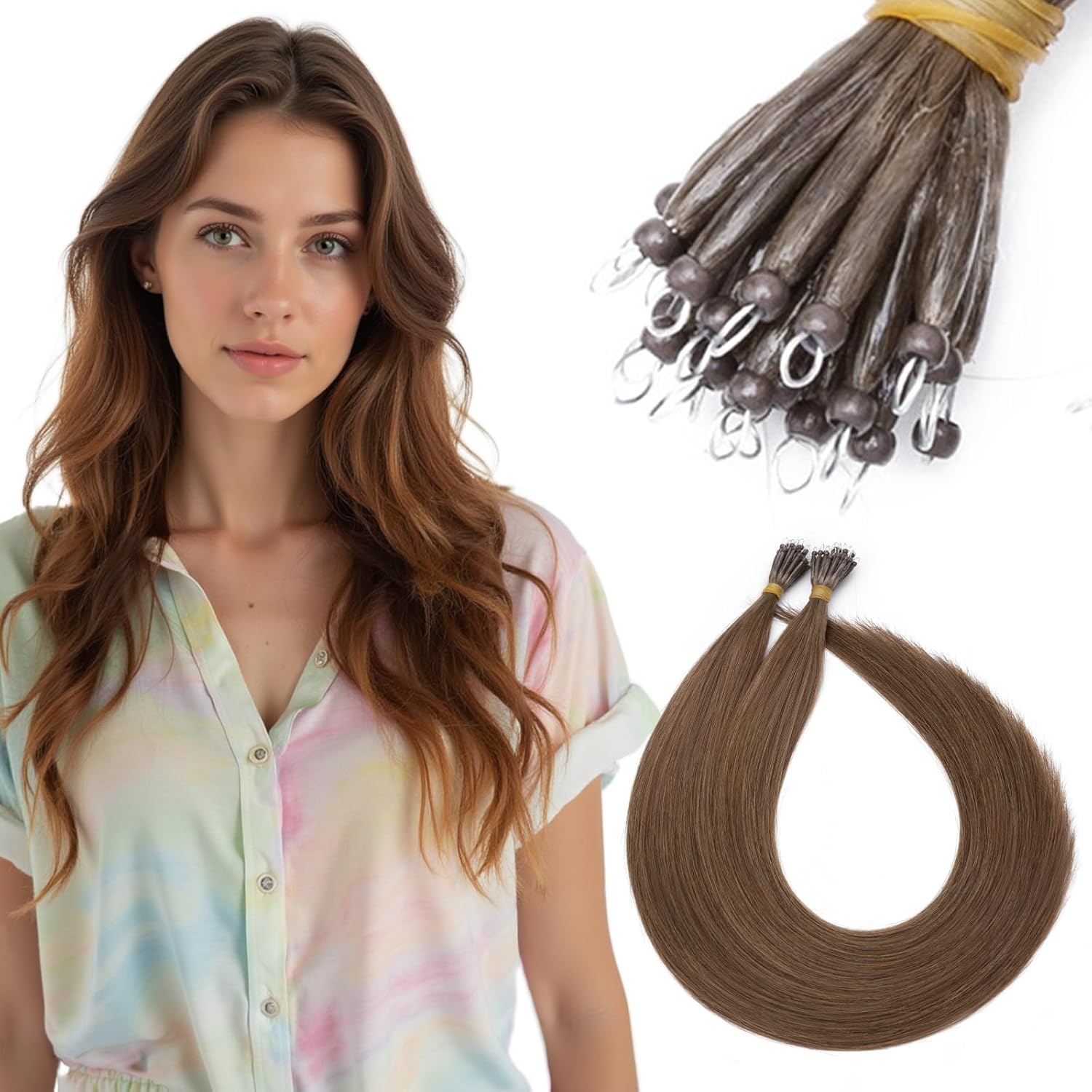 SEGO Nano Bead Hair Extensions Human Hair, 1g/s 50g/pack 20 Inch Nano Ring Hair Extensions, Highlight, Add Volume and Length, Nano Tip Hair Extensions for Women Medium Brown
