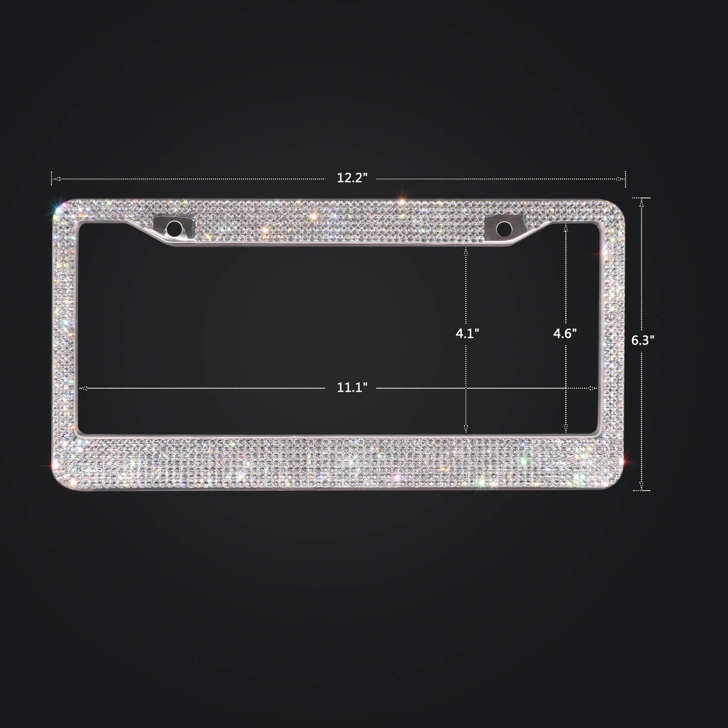 JOTOM 1 Pack Bling Bling Waterproof License Plate Frame - 1000+pcs Handcrafted Finest 14 Facets SS20 Glitter Diamond Stainless Steel License Plate Frame with Gift Box (6+7 Rows Crystal)