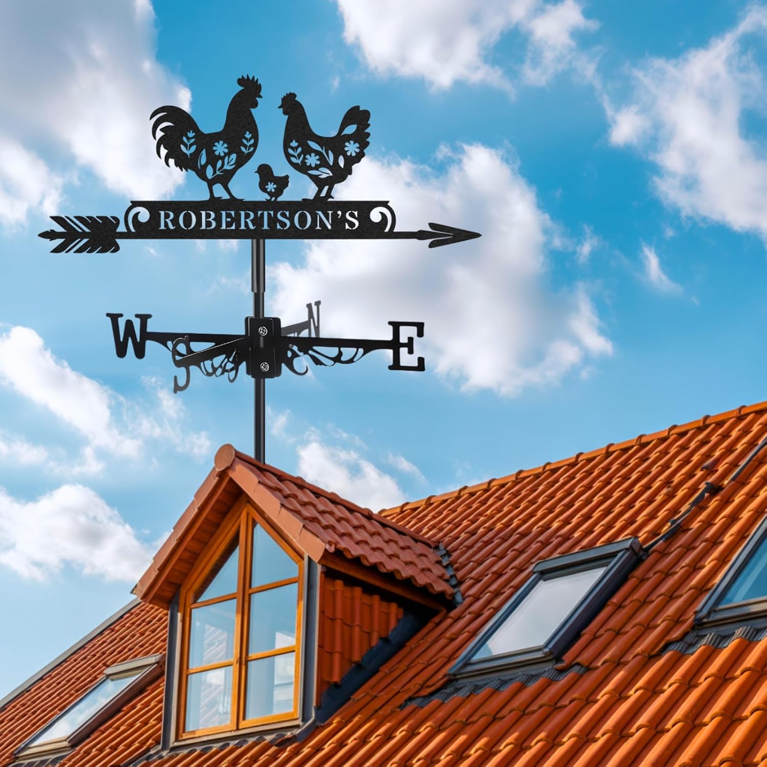 Personalized Metal Weathervane, Custom Chicken Coop Weathervane with Name, Roof Mount Wind Direction Indicator, Outdoor Wind Vane Decor for Garden Farmhouse Backyard Patio, Custom Gift