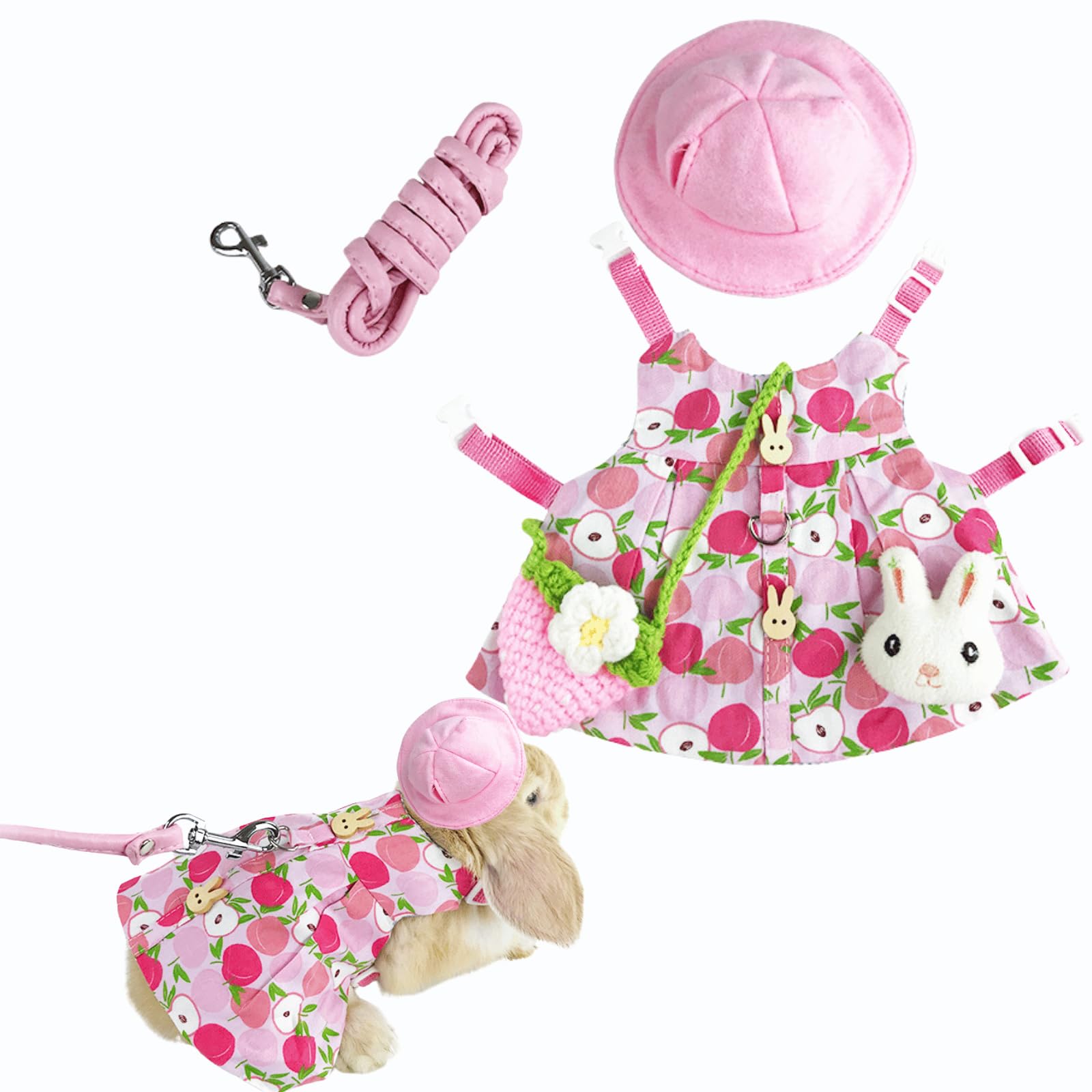 Cute Rabbit Leash and Harness Set, Bunny Rabbit Dress Clothes Walking Harness Vest Escape Proof Pet Supply for Rabbit Hedgehog Ferret Guinea Pig (Pink