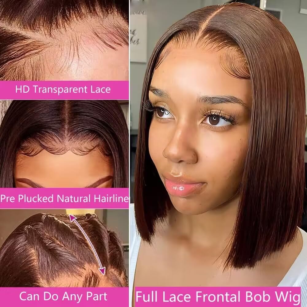 #4 Brown Bob Lace Front Wigs Human Hair Straight HD Transparent Blunt Cut Chocolate Brown Bob Wig Human Hair Wear and Go Glueless Wig Human Hair Pre Plucked Pre Cut Short Bob Wigs For Black Women