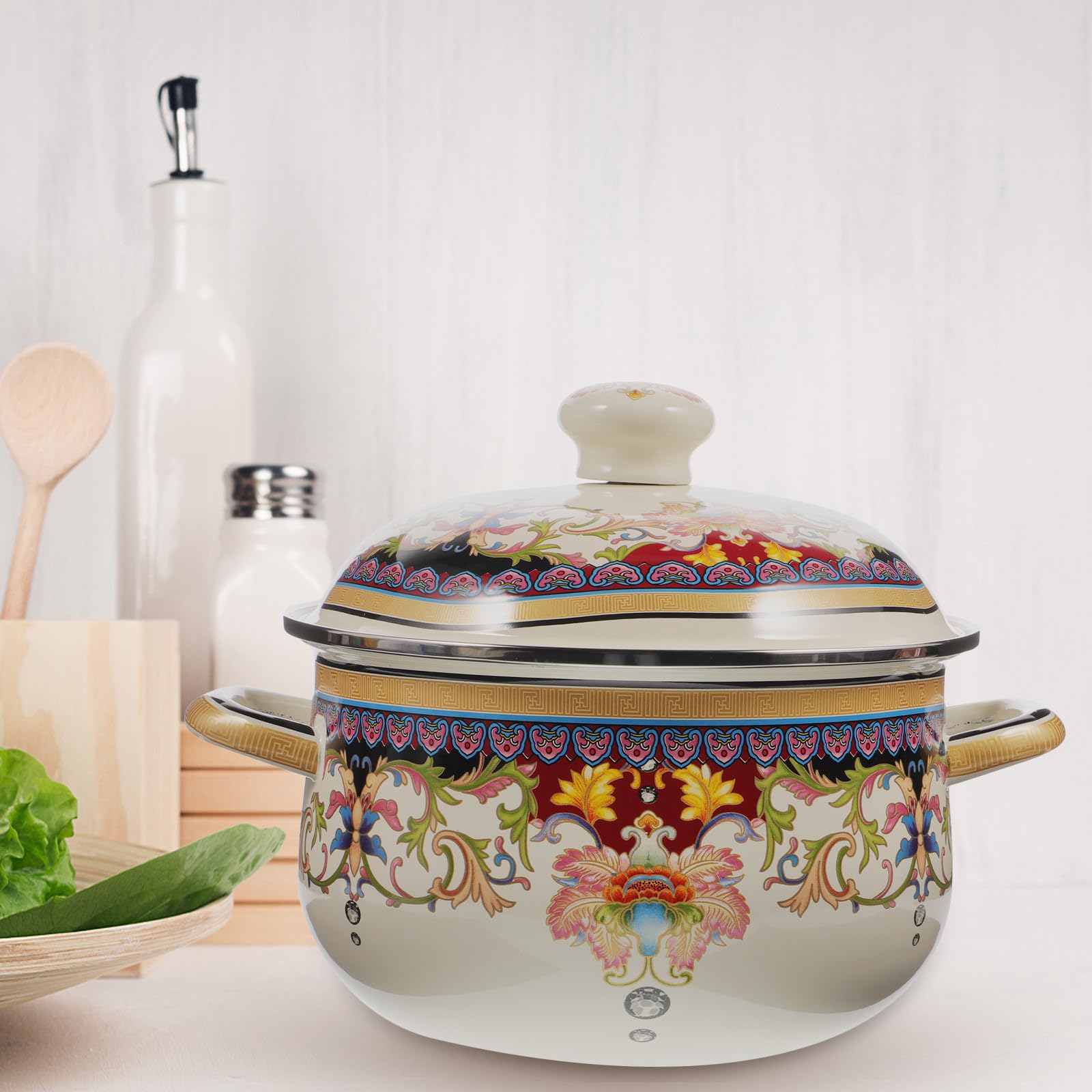 Vintage Emaille Kochtopf mit Deckel Dicker Suppentopf mit Doppeltem Griff Geeignet für Herdarten und Backofen Leicht zu Reinigen und Hitzebeständig