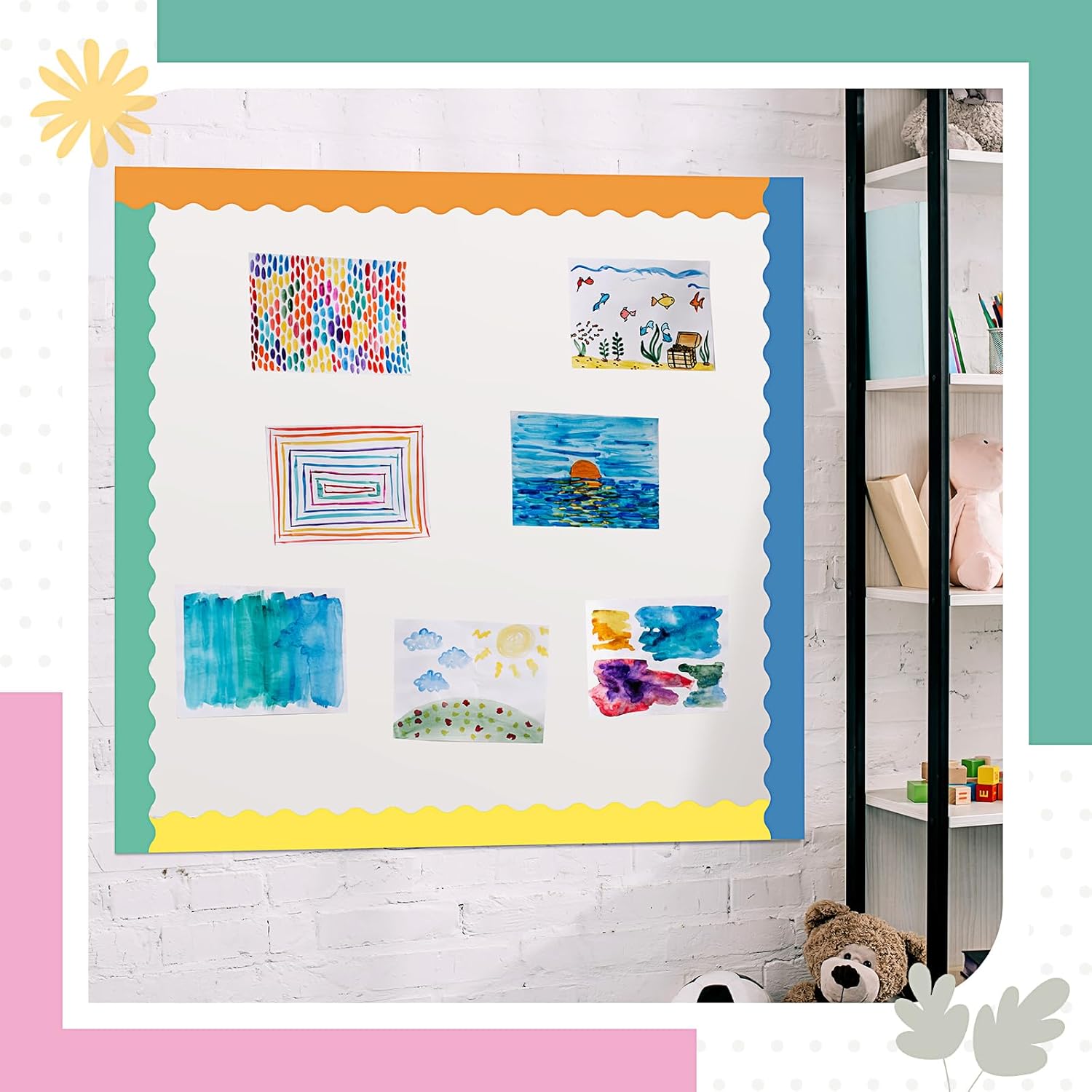 TaoBary 6 Rolls 196.8 ft Spring Classroom Bulletin Board Borders 2.25 Inches Scalloped Trim Bulletin Board Decorations for School Whiteboard Chalkboard Wall Valentine(Colorful Crayon,196.8 ft)