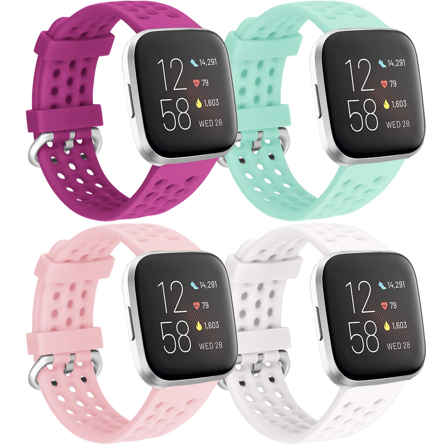 Faychey Sport Bands Compatible with Fitbit Versa 2/Fitbit Versa for Men Women, 4 Pack Breathable Silicone Replacement Straps Compatible with Fitbit Versa/Versa SE Teal Pink Purple White Small
