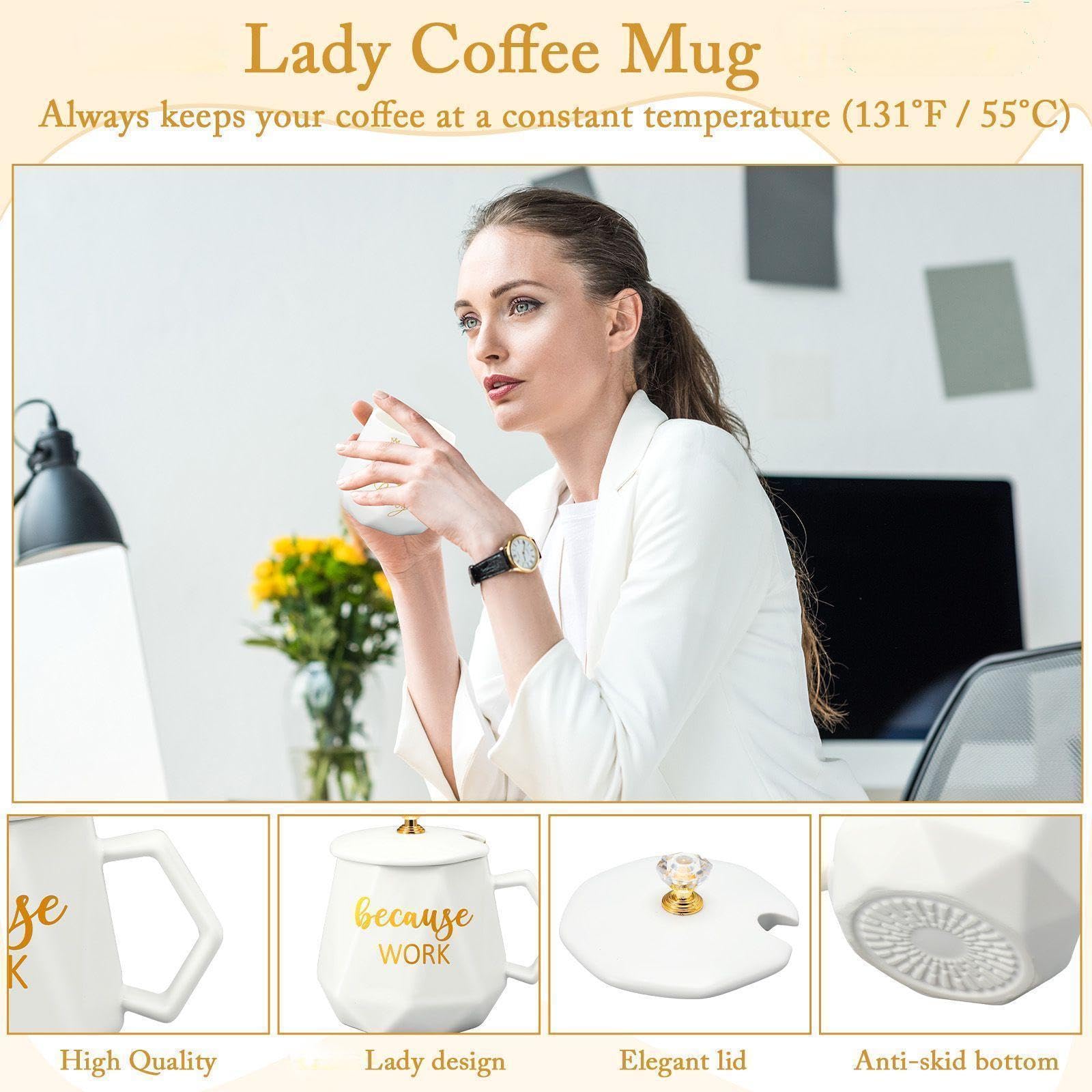 Hushee Boss Lady Chauffe-tasse à café pour femme de 382,7 g avec ensemble de tasses, chauffe-eau électrique avec couvercle, cuillère et dessous de verre pour bureau, maison, cadeau d'anniversaire