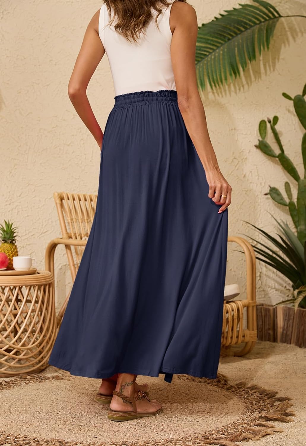 Women’s Maxi High Elastic Waisted Skirt Flowy A-Line Split Hem Beach Long Skirts for Women with Pockets - Image 3