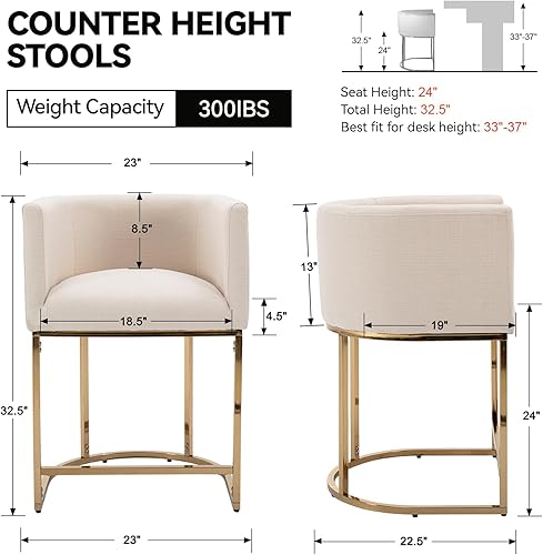 Miniatura 2 de RIVOVA Taburete de bar contemporáneo de lino crema, taburete de bar de tela tapizada de 24 pulgadas, taburete de bar de cocina con base de metal
