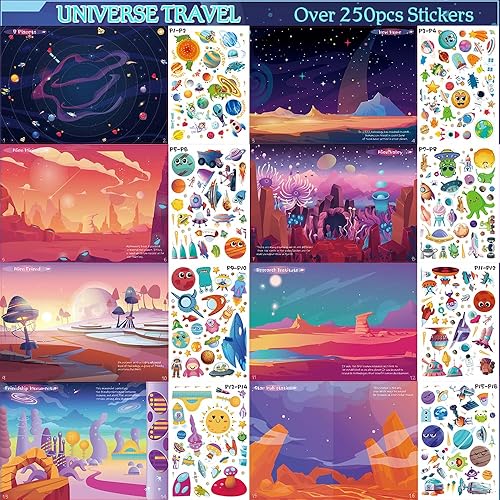Miniatura 3 de Libro de calcomanías espaciales para niños (más de 250 piezas), 8 escenas divertidas diferentes, calcomanías extraíbles de actividades para niños