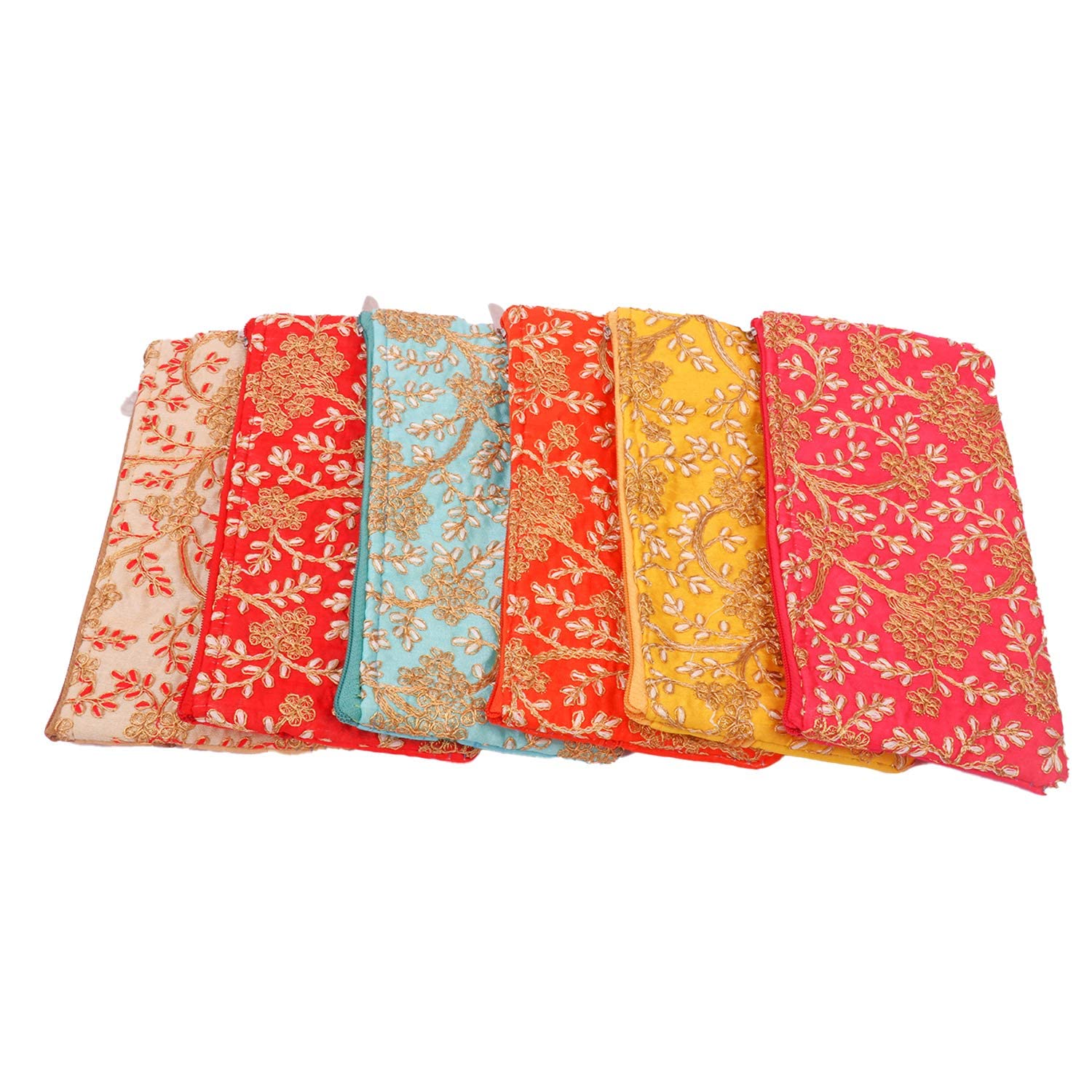 Return Gift for Women/Ladies in Bulk for Mehandi Function, Zari Printed Potli Purse/Hand Purse/Travel Pouch with Zip Closure (Pack of 6, Multicolor)