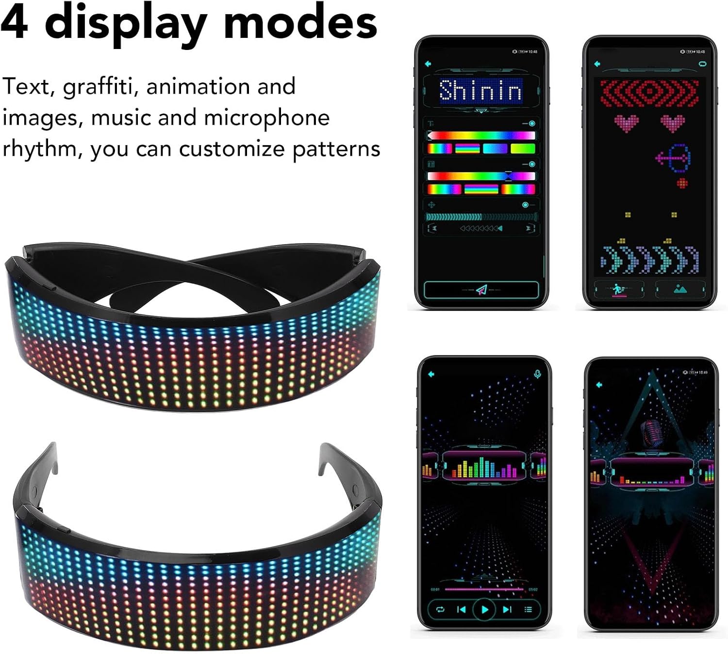 ViaGasaFamido LED Glasses, APP Controlled Customizable RGB Display with Sound Reactive Modes for Cosplay Party ABS 12 x 36 Rechargeable Smart Glasses 1 Pack