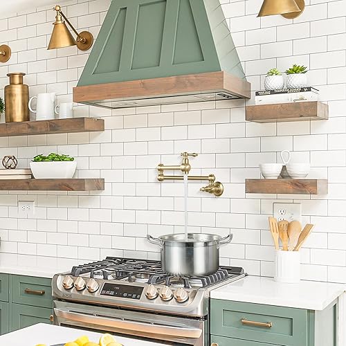 Miniatura 3 de WOWOW Grifo de llenado de ollas doradas, grifo plegable de cobre de montaje en pared, 2 manijas con brazos oscilantes de doble junta, grifo de