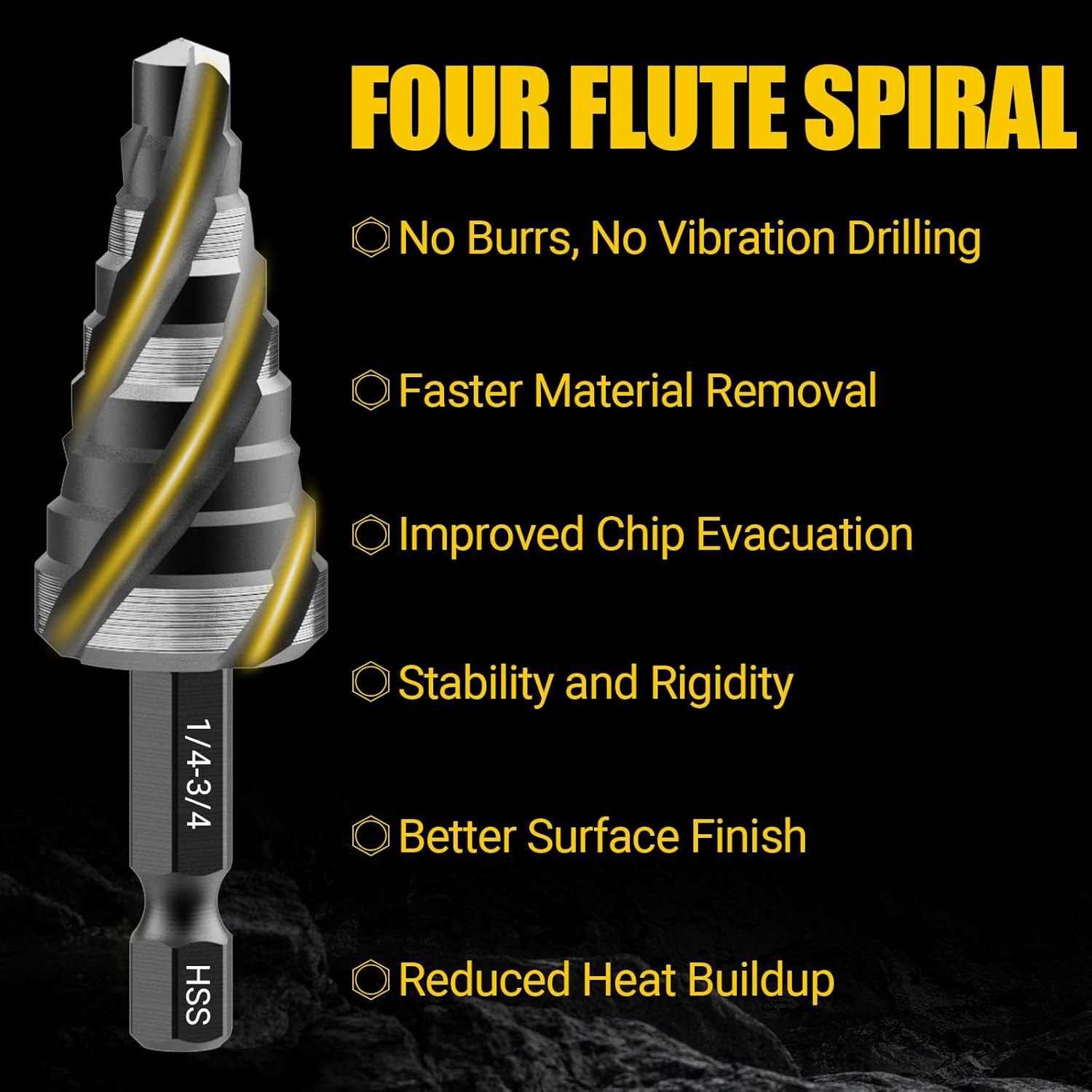 Four Spiral Flute Step Drill Bit, HSS Step Drill Bits (1/4"-3/4") Unibit Step Drill Bit, 1/4" Shank Step Bits for Aluminum, Wood, Plastic, Metal