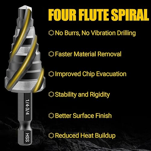 Miniatura 17 de Broca Escalonada de Cuatro Flautas Espirales, Brocas Escalonadas HSS (1/4"-3/4") Broca Escalonada Unibit, Brocas Escalonadas de Vástago de 1/4