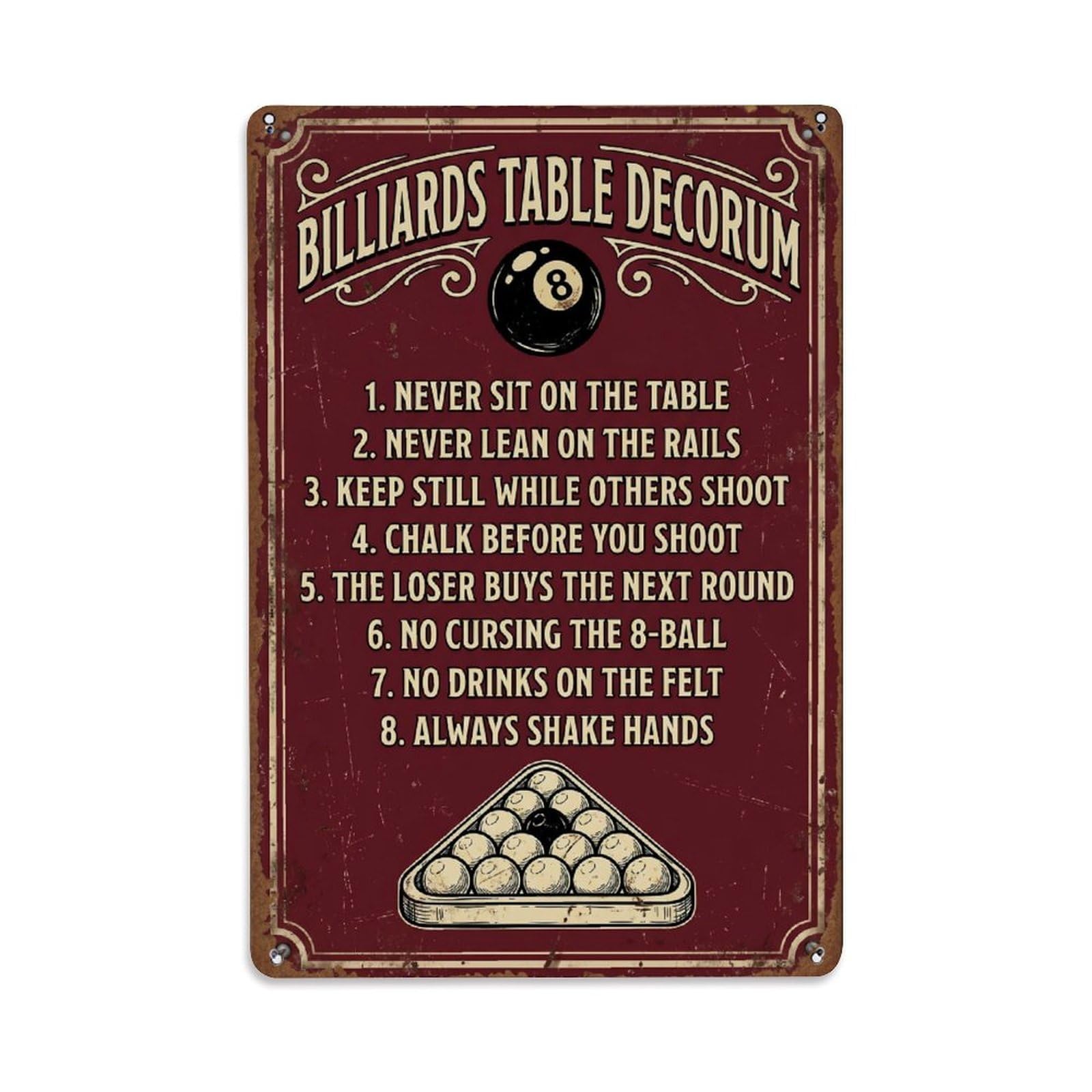 Billiards Table Decorum Funny Metal Tin Sign Plaque Wall Decor for Cafe, Club Bar, Office, Home Garden Metal Poster 8x12Inch