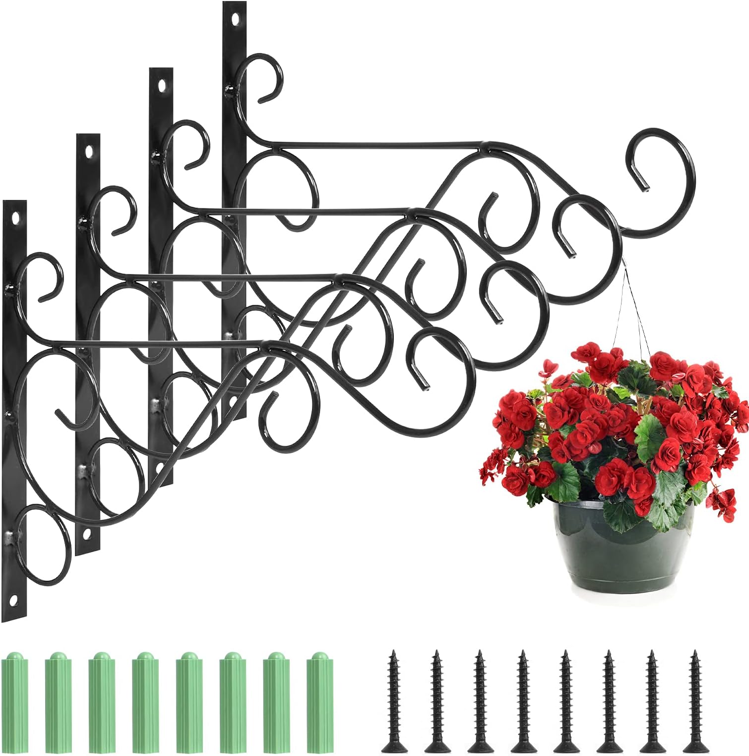 Jubaopen 4 Pcs Hanging Basket Brackets Outdoor, Black Garden Hanging