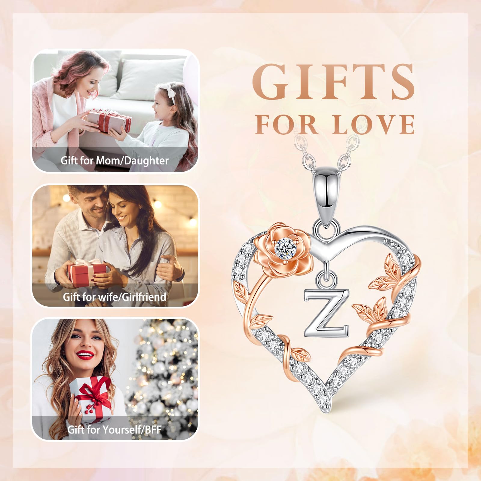 EUDORA Harmony Ball Collana con iniziali a Cuore Rosa per Donne, Lettera dalla A alla Z Collane con Iniziali dell'Alfabeto in Rame Placcato in Rodio Iniziali con Ciondolo Regali di Gioielli, 18"