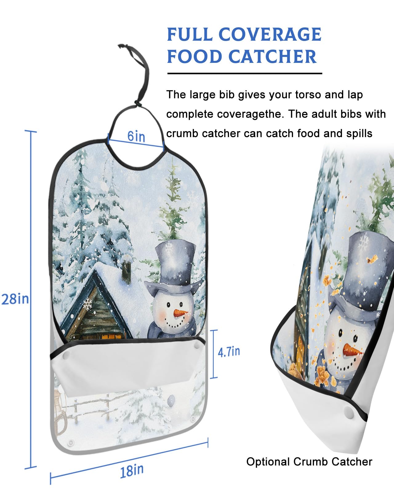 Christmas Adult Bibs for Eating, Waterproof Bibs with Food Catcher & Adjustable Snap Closure, Xmas Tree Farm Snowman Winter Snowflake Washable Clothing Protectors Adult Bibs for Elderly Women/Men