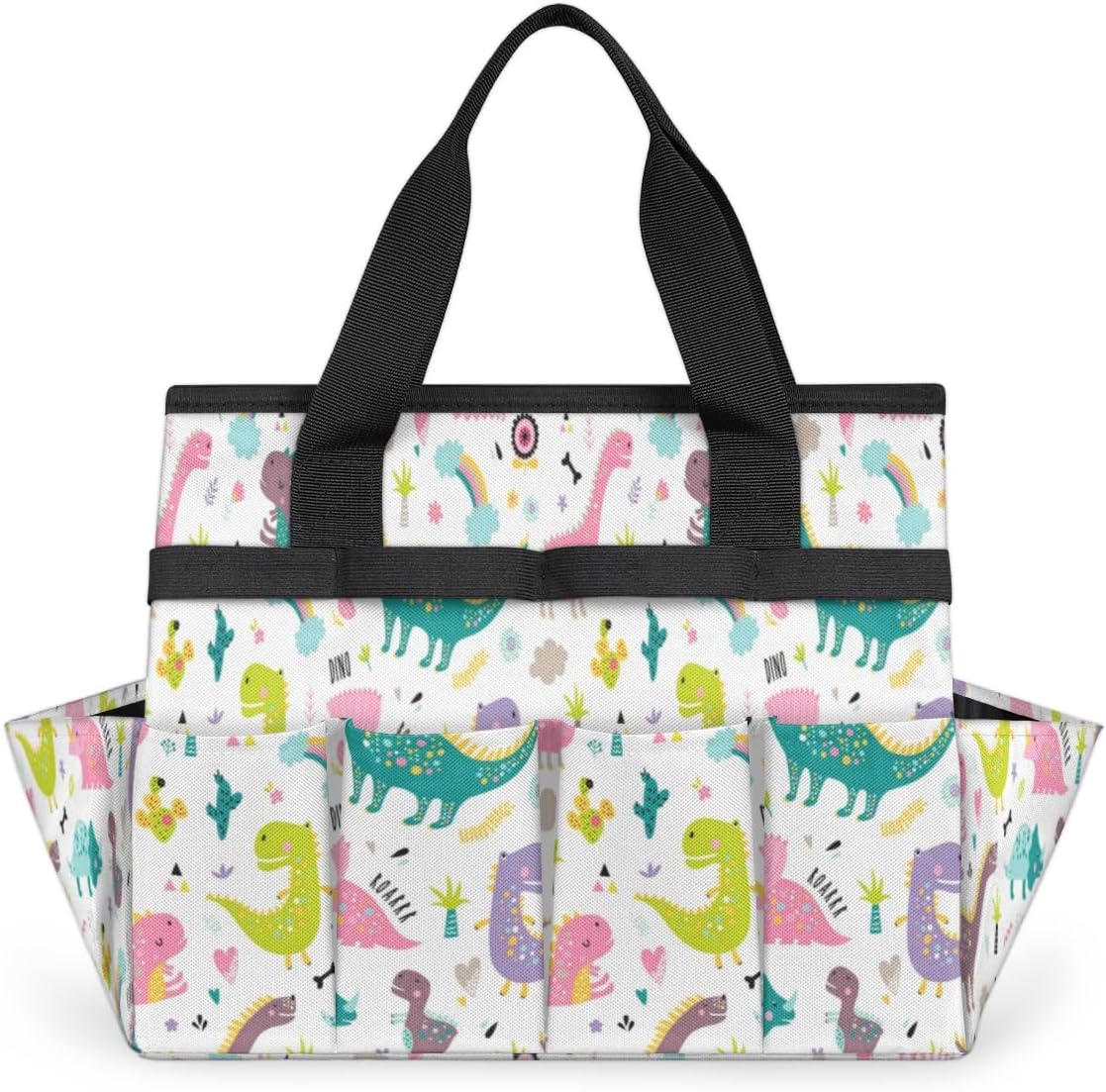 Cute Colorful Dinosaurs Garden Tool Tote Bag for Women Men Gardening Tool Storage Bags with 10 Pockets Standable Garden Home Tool Kits Organizer for