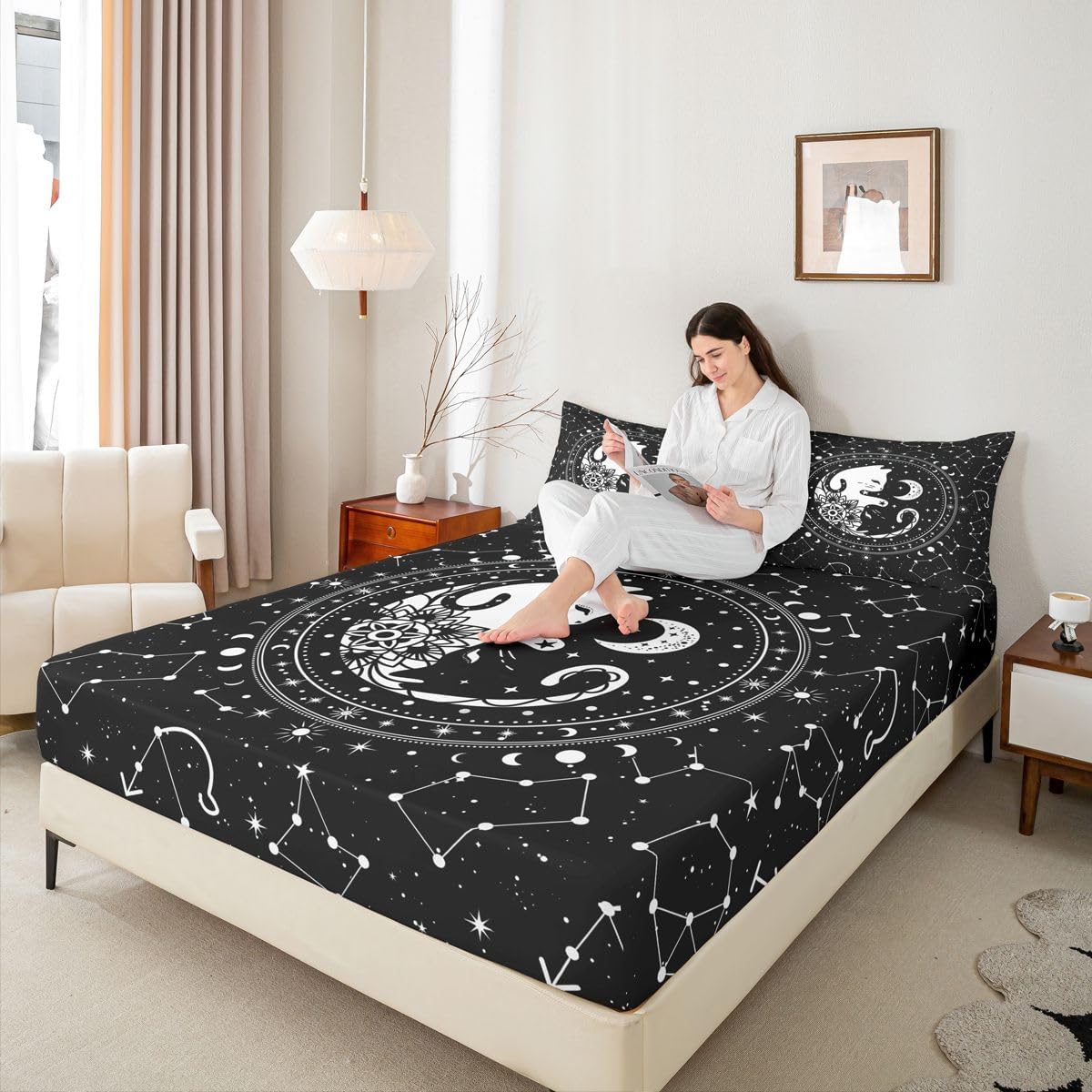 Cute Cats Fitted Sheet Twin,Gothic Starry Galaxy Moon Universe Bedding Sheet 2pcs for Kids Teens Boy Girls Room Decor,Animals Flower Plants Deep Pocket Sheet Black Exotic Bed Cover,1 Pillowcase