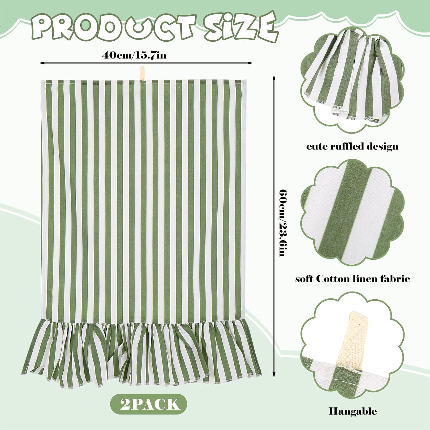 Whaline 2Pcs Sage Green Stripe Kitchen Towels Dish Towel with Ruffled Trim Hand Drying Tea Towels for Home Party Cooking Baking Cleaning, 15.7 x 23.6 Inch