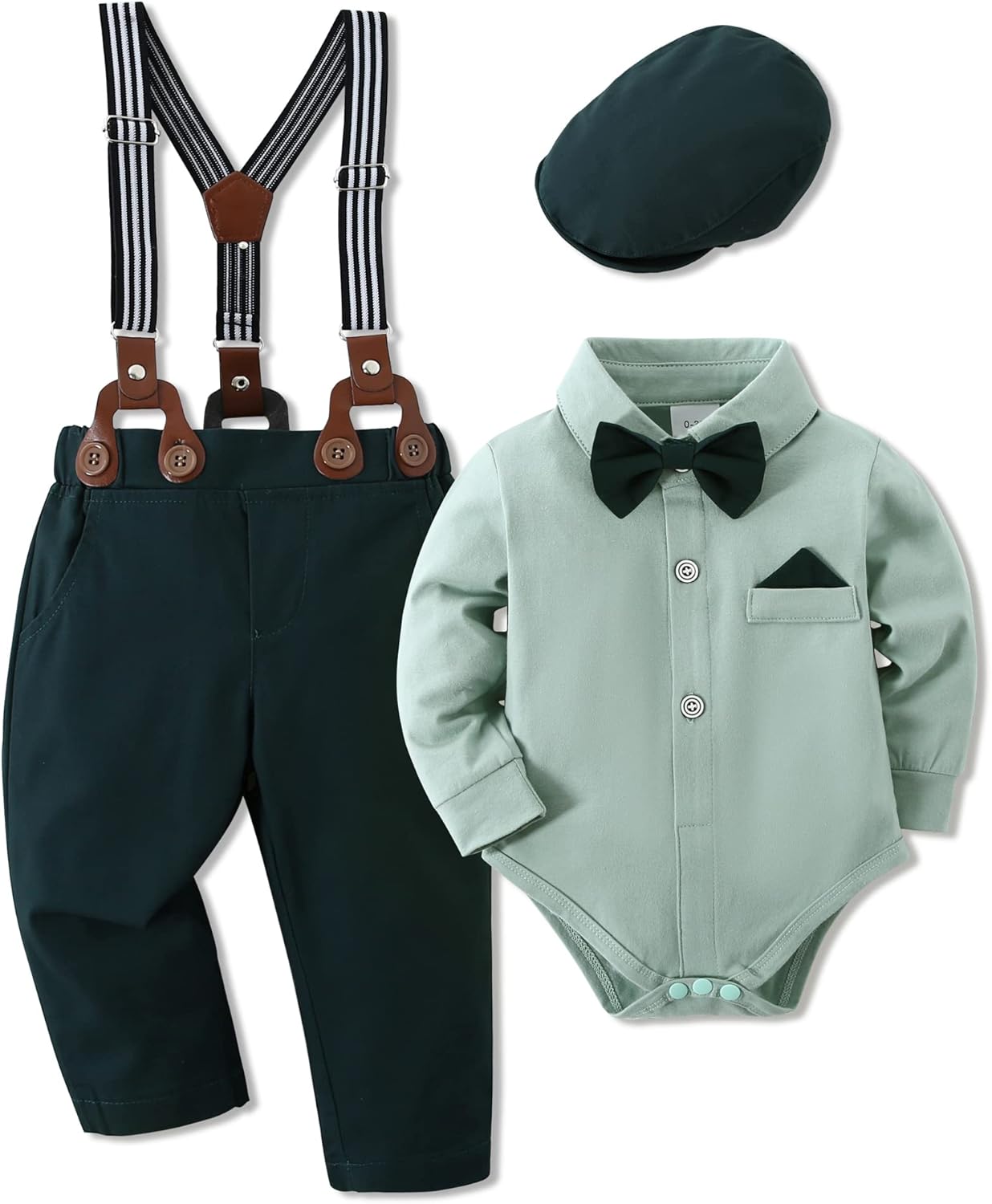 WESIDOM Baby Boy Clothes 0-18M Newborn Infant Gentleman Outfit, Shirt+Bowtie+Beret+Suspender Pant Baby boy Suit Clothing Set