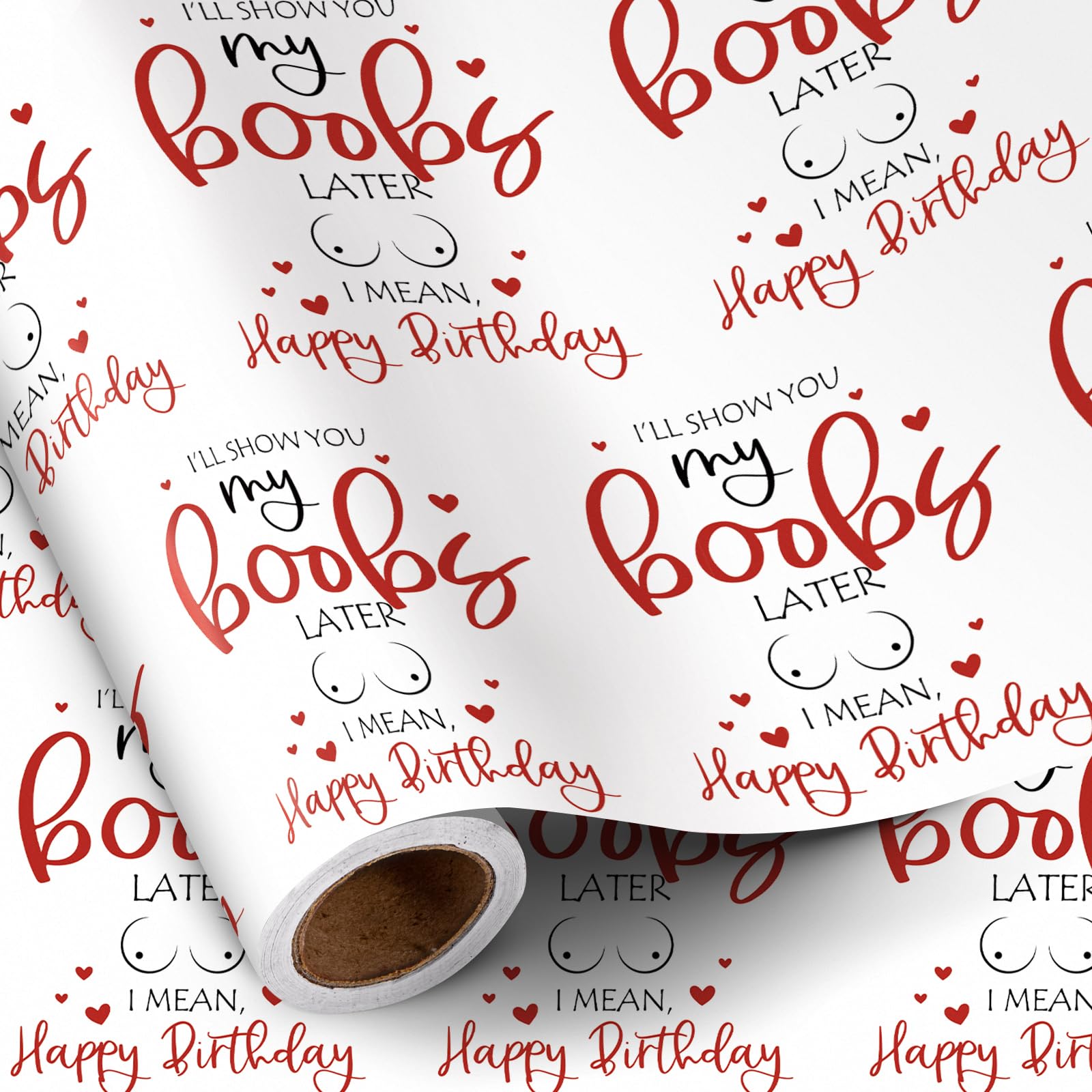 RUSPEPA Funny Birthday Wrapping Paper for Men, Husband, Him - Mini Roll - Playful "I Will Show You My Boobs Later, I Mean Happy Birthday" Design for Party Gift Wrapping - 43.2cm x 5m — image 1