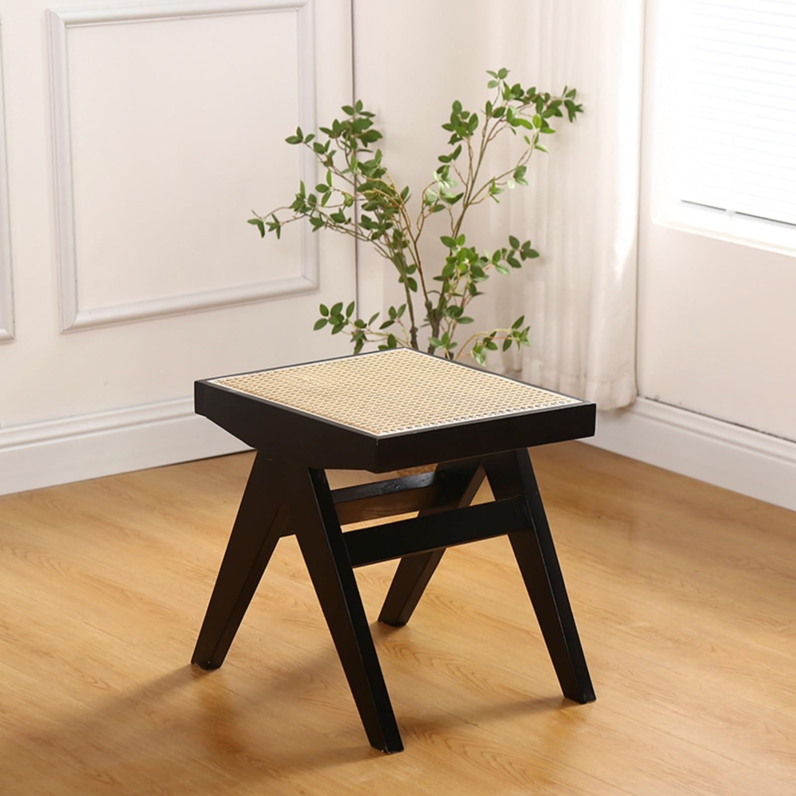 Banco de zapatos de ratán y madera maciza de 45 cm de ancho para la entrada