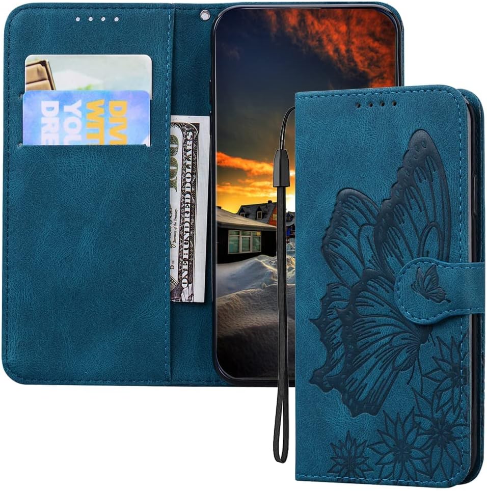 EMAXELER Compatible with Galaxy A10E Case Shockproof PU Leather Retro Butterfly Embossed Magnetic Wallet Flip Case with Card Slots and Kickstand Cover Samsung Galaxy A10E Butterfly Blue CYF