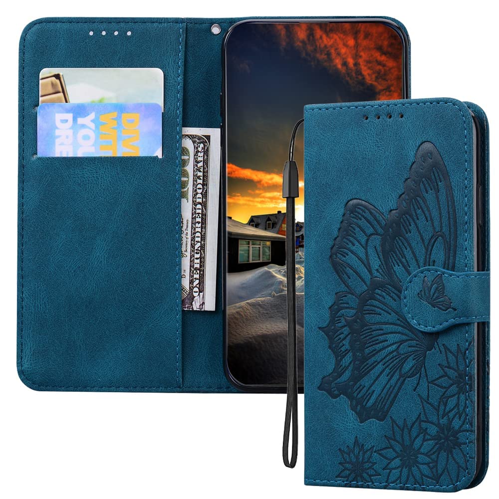 EMAXELER Compatible with Galaxy A10E Case Shockproof PU Leather Retro Butterfly Embossed Magnetic Wallet Flip Case with Card Slots and Kickstand Cover Samsung Galaxy A10E Butterfly Blue CYF