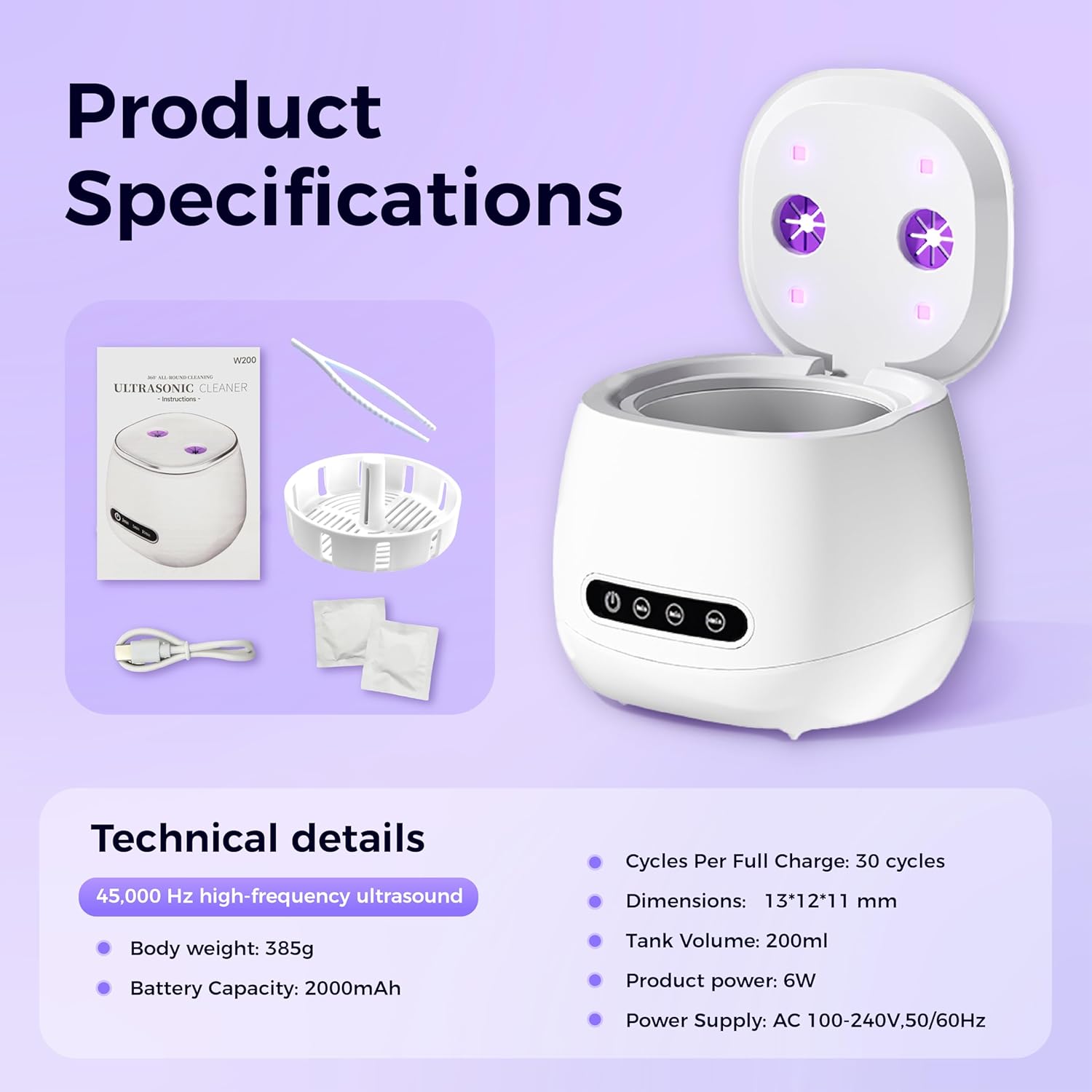 Ultrasonic Retainer Cleaner Machine, 45kHz Rechargeable Retainer Cleaner with 4 UV Lights, W200 Ultrasonic Cleaner for Retainers, Aligners, Mouth Guards, Night Guards & Dentures